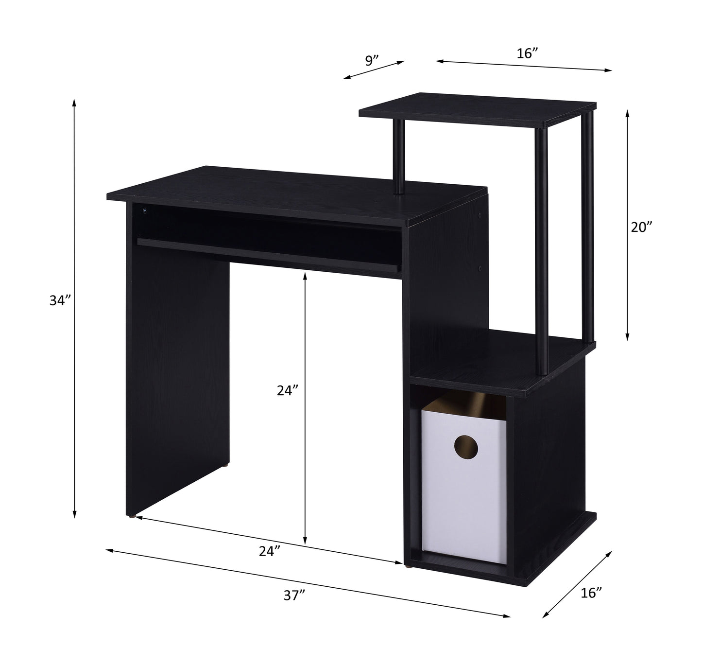 Black Finish Computer Desk with Shelf and Keyboard Tray