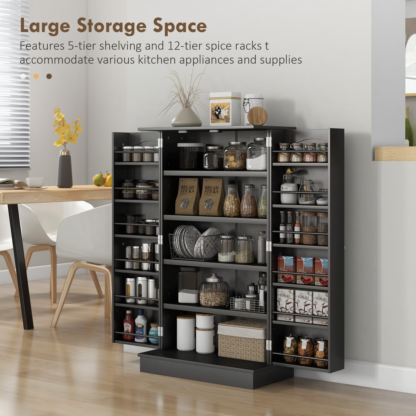 Freestanding Kitchen Pantry Cabinet with 5-Tier Shelving - Black