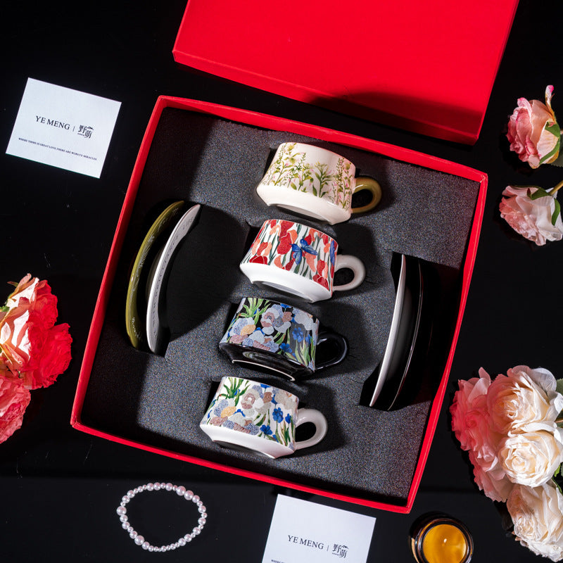 Elegant Iris Flower Ceramic Coffee Cup Set with Gift Box - Multiple Styles & Sizes