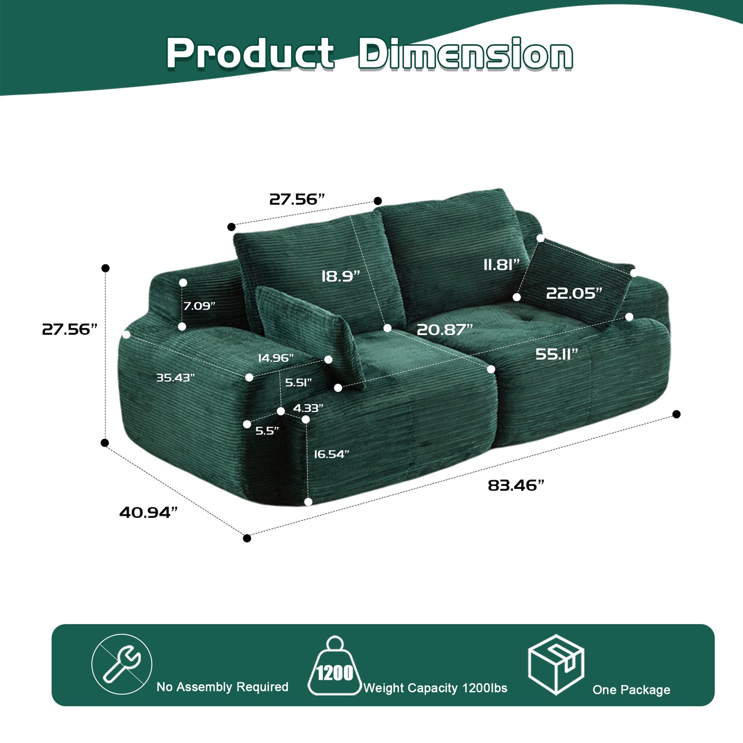 Modern Green Memory Foam 2-Seater Sectional Sofa - Compressed, Pet-Friendly