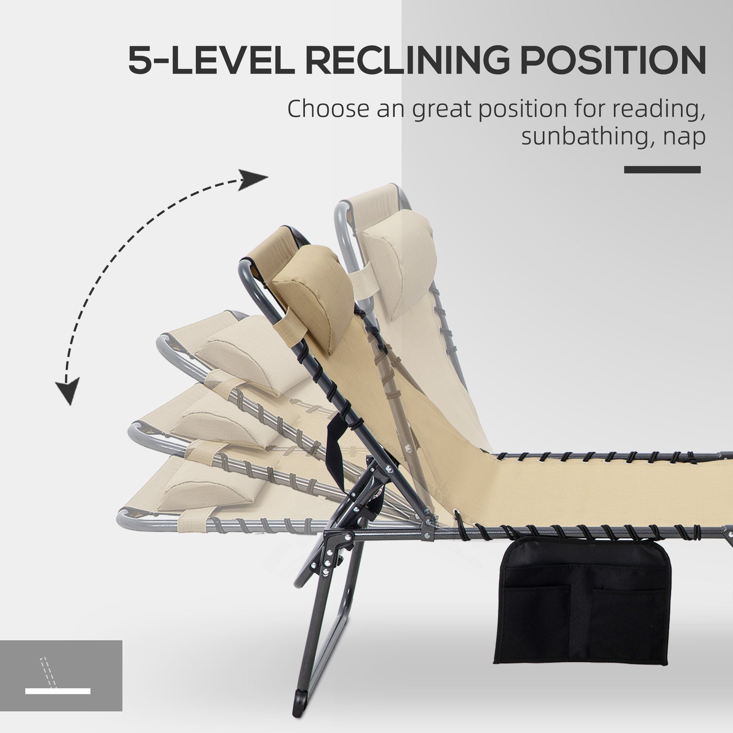 Folding Lounge Chair with 5-Position Recline and Side Pocket - Beige