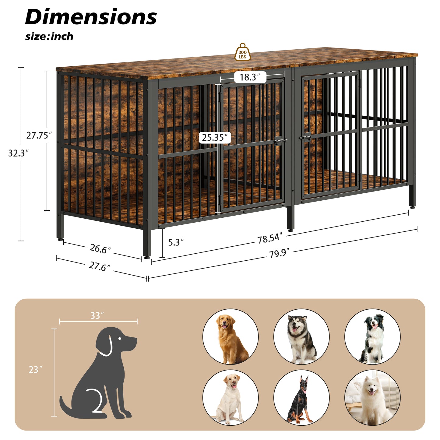 80 Dog Crate End Table, Heavy Duty 2-Door Indoor Pet Kennel,