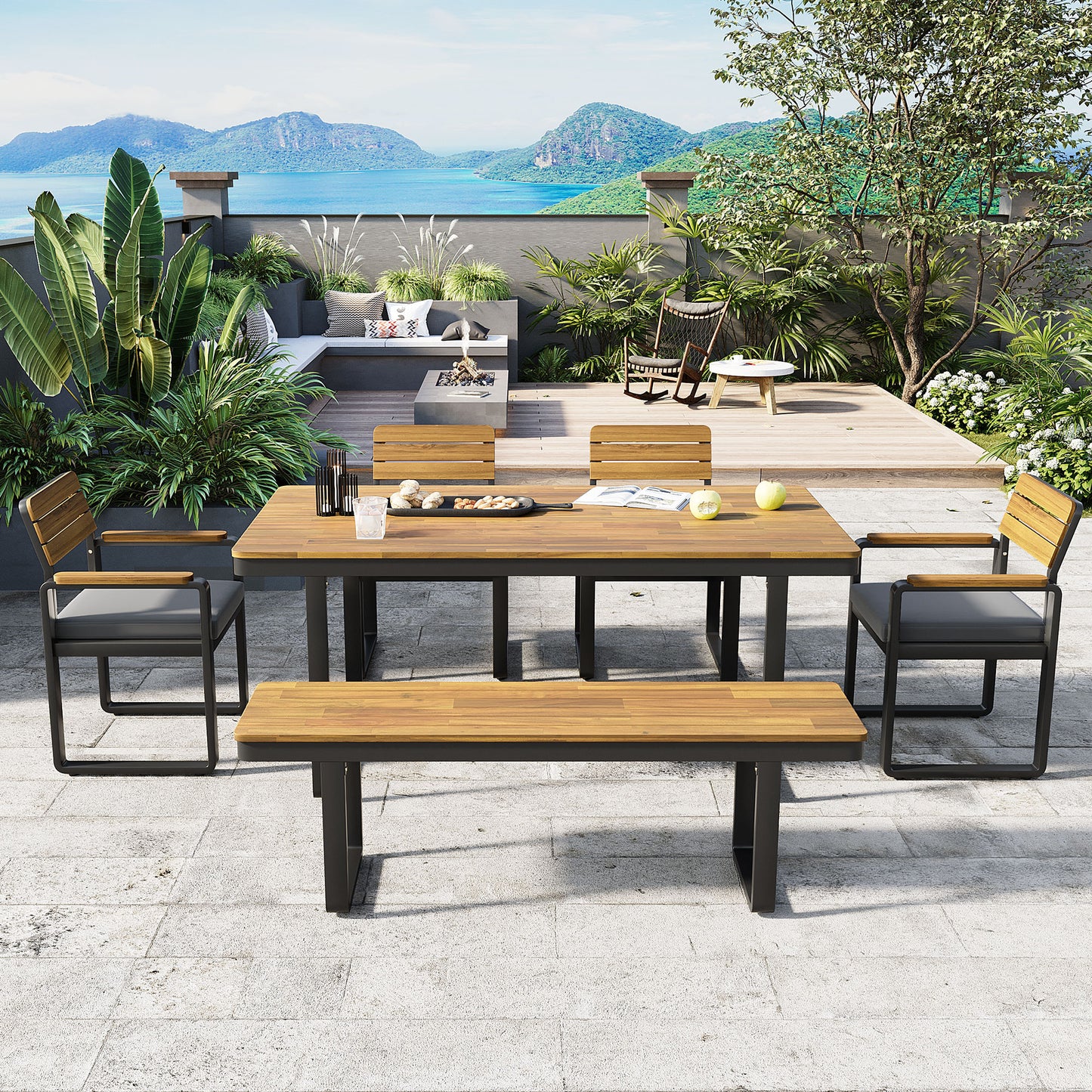 6-Piece Outdoor Dining Set, Acacia Wood, 1 Table With 4 Chairs &