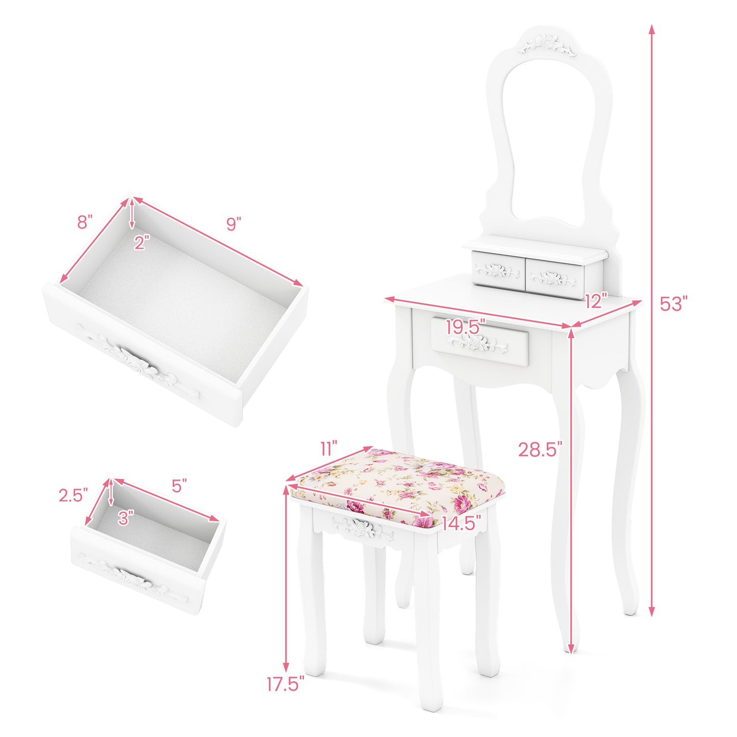Makeup Vanity Table with 3 Drawers & Cushioned Stool - White