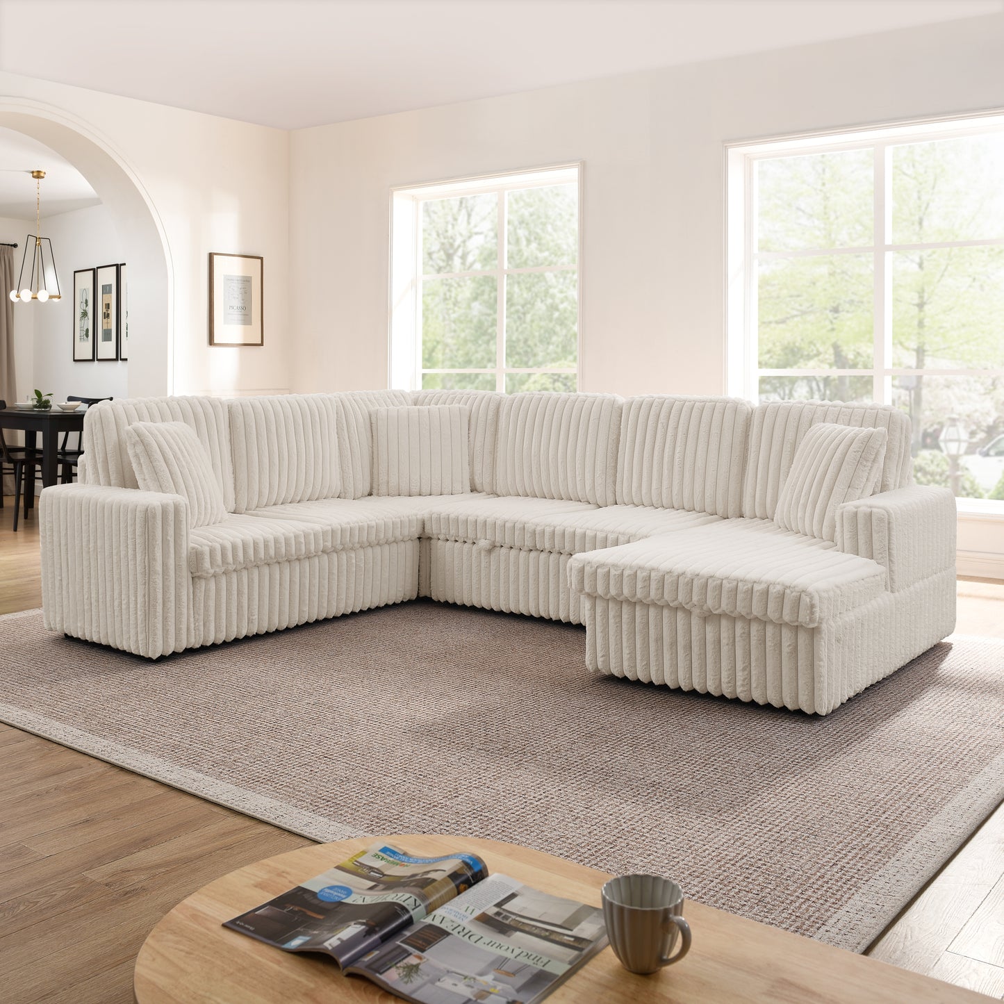 Modern Minimalist Corduroy Striped U-Shaped Sofa Bed - Beige