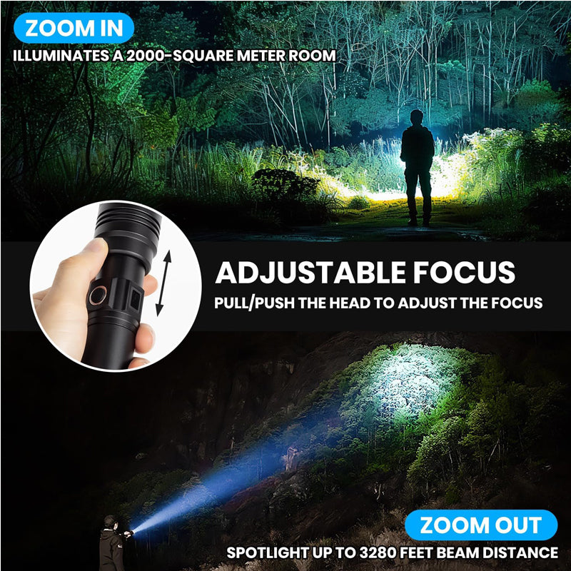 Rechargeable 50,000 Lumens LED Flashlight with Zoom, USB-C Charging & Emergency Power