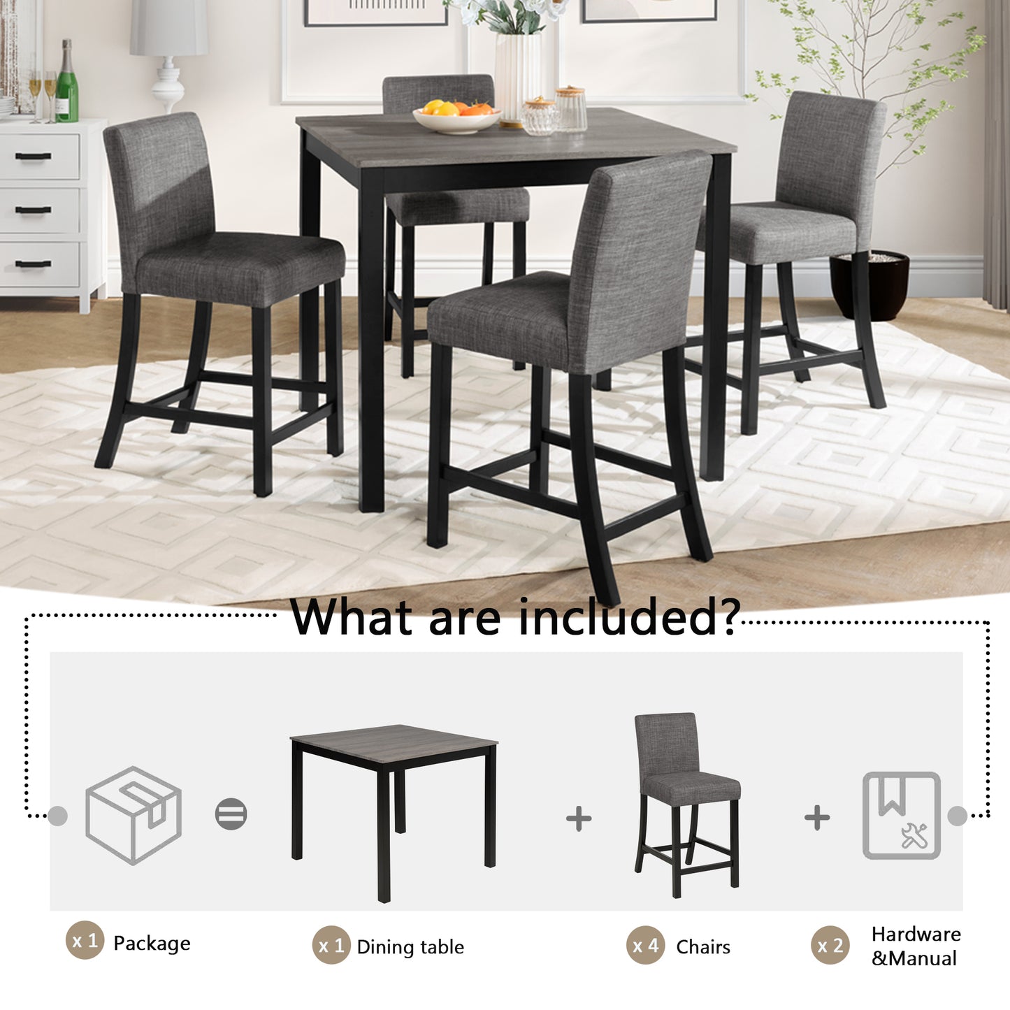 Counter Height Dining Table Set with 4 Chairs - Light Grey & Black