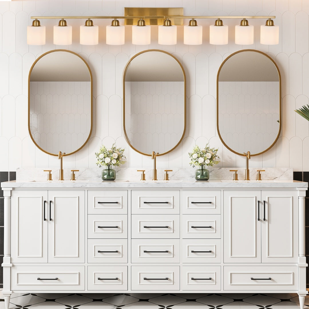 Gold Bathroom Vanity Light Fixture with Milky White Glass Shade