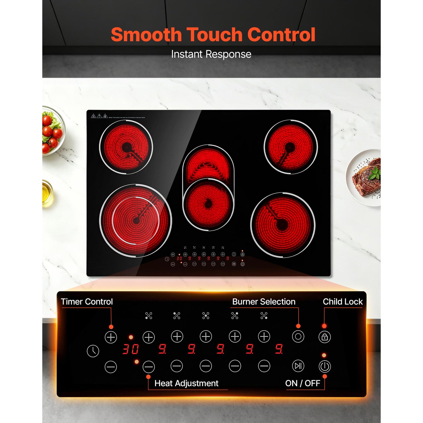 30-Inch 5-Burner Electric Cooktop 8900W Ceramic Built-In Stove with Touch Control, Timer & Child Lock