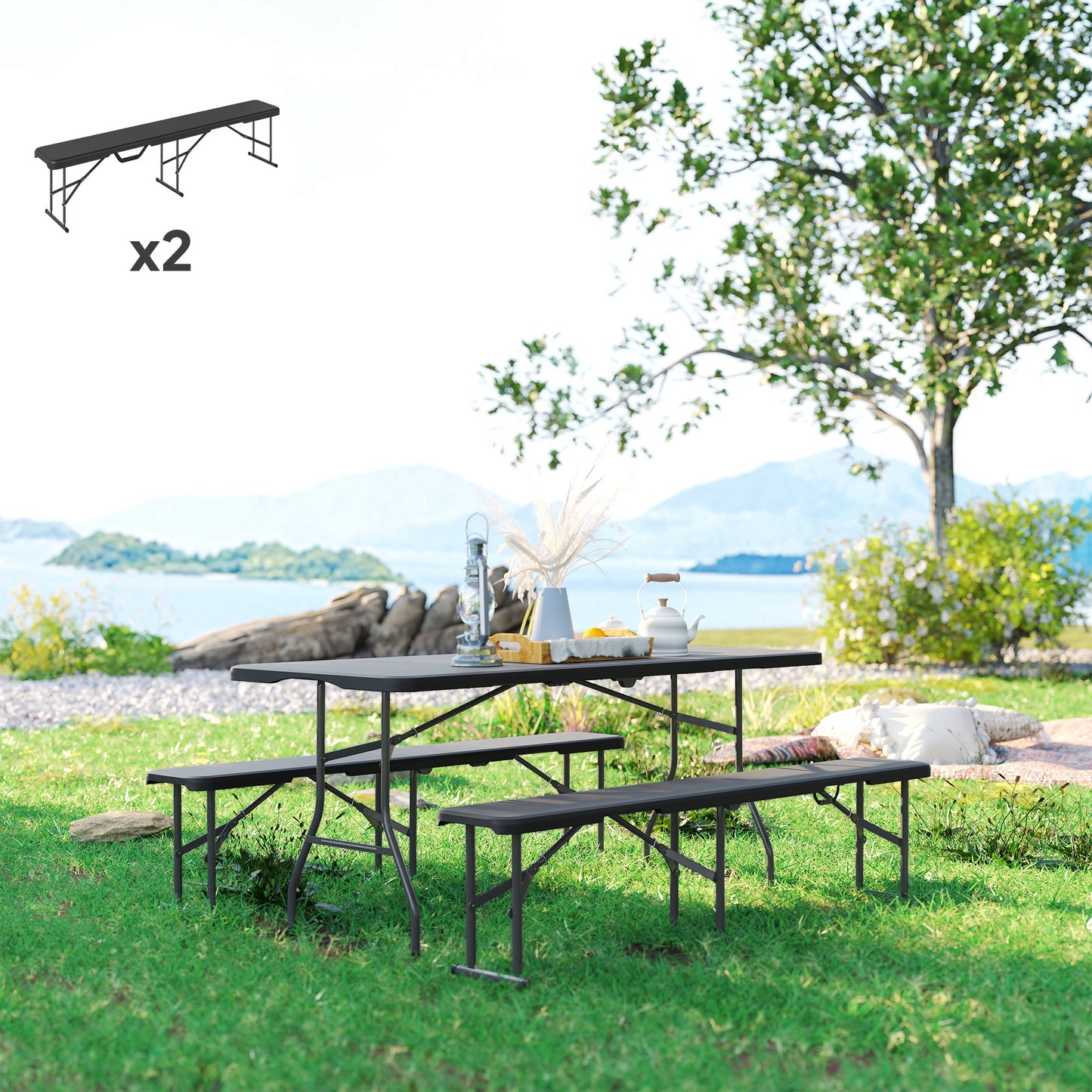 Portable Folding Camping Benches - Set of 2, 6 ft Black