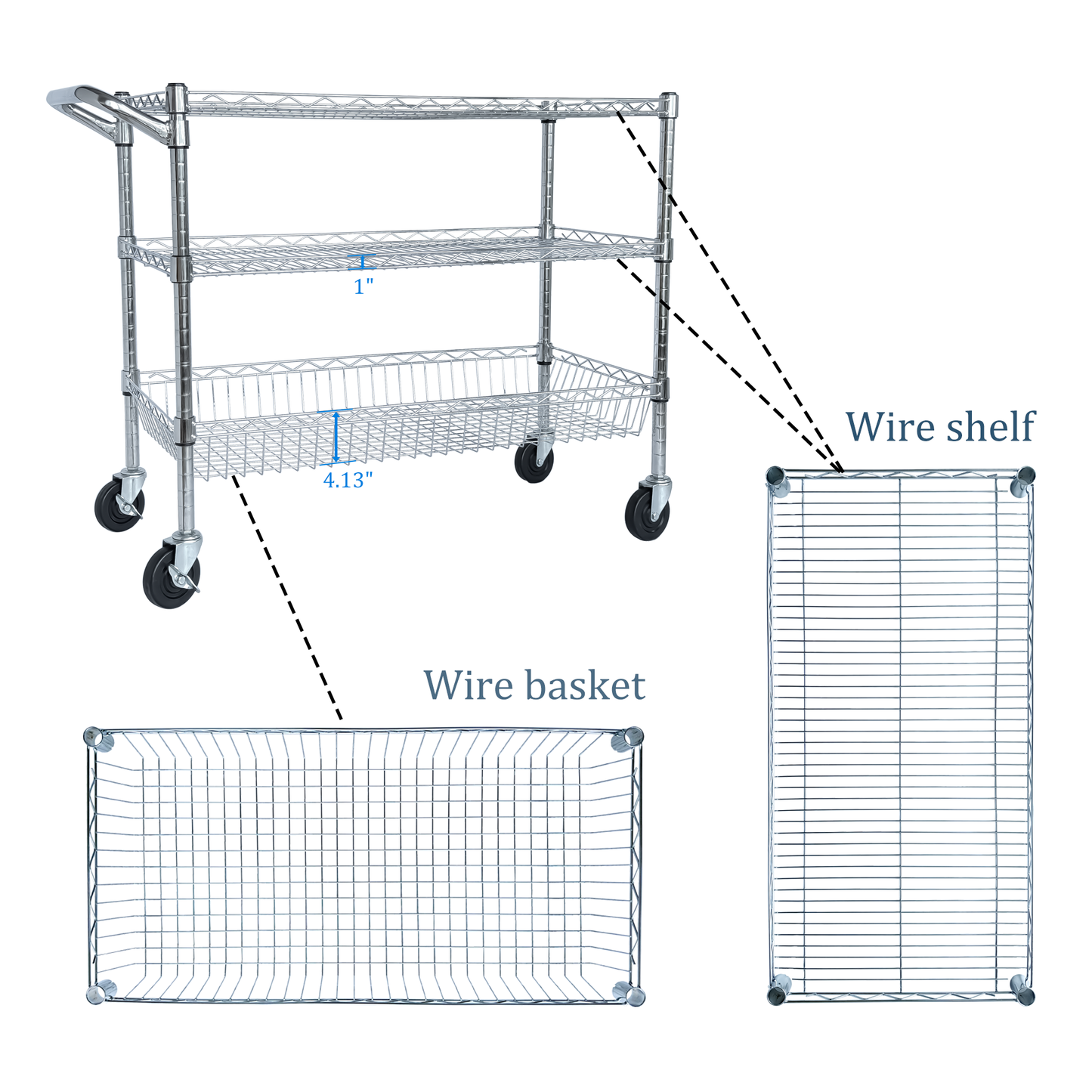 Heavy Duty 3-Tier Rolling Utility Cart with Handle and Shelves - Chrome