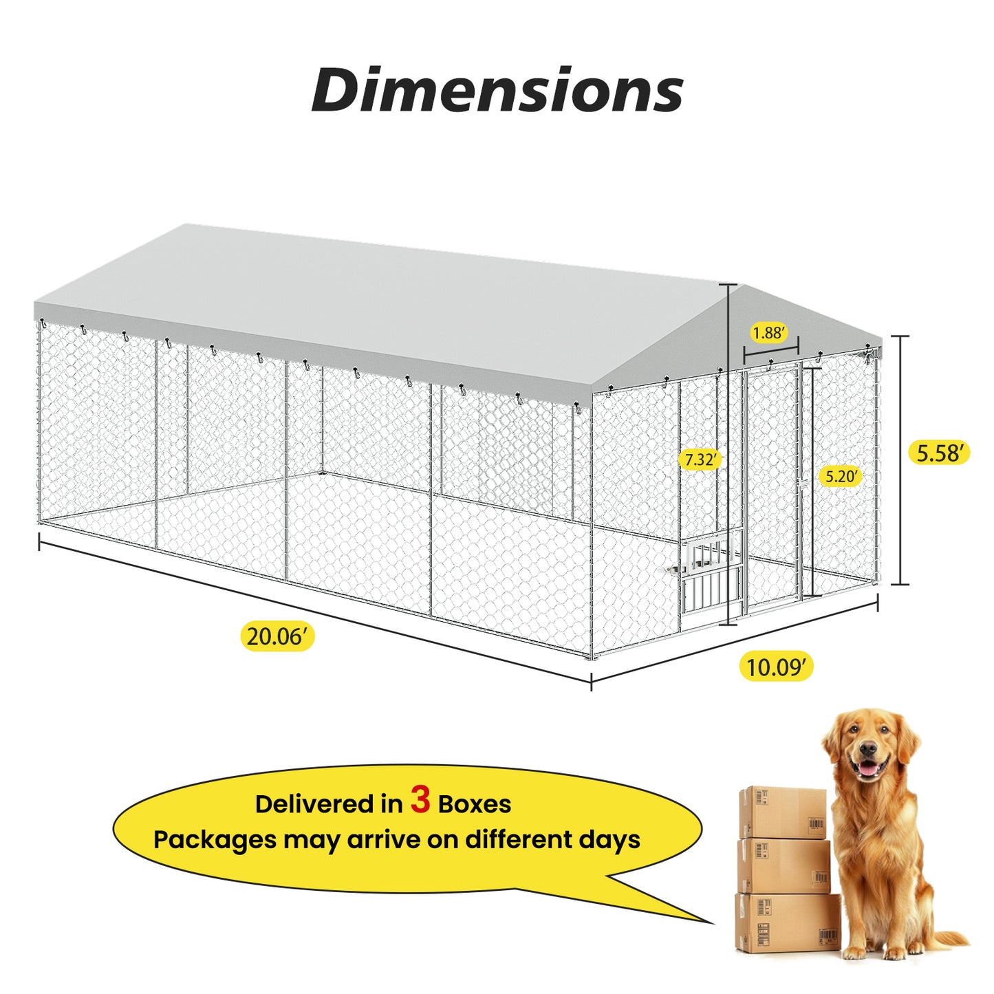 Large Outdoor Dog Kennel with Canopy - Heavy Duty Galvanized Steel Frame, Waterproof Cover, Elevated Feeders, Escape-Proof Lock - 20x10 ft
