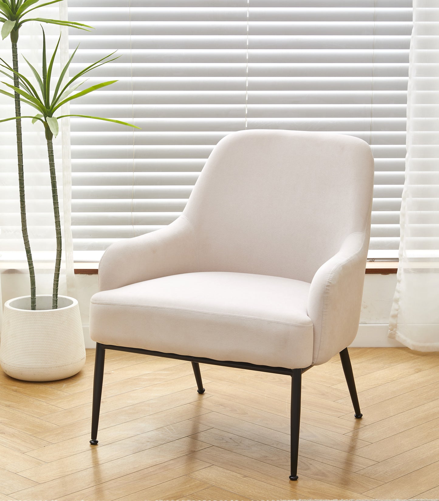 Beige Velvet Accent Chair, Modern Upholstered Armchair With Metal