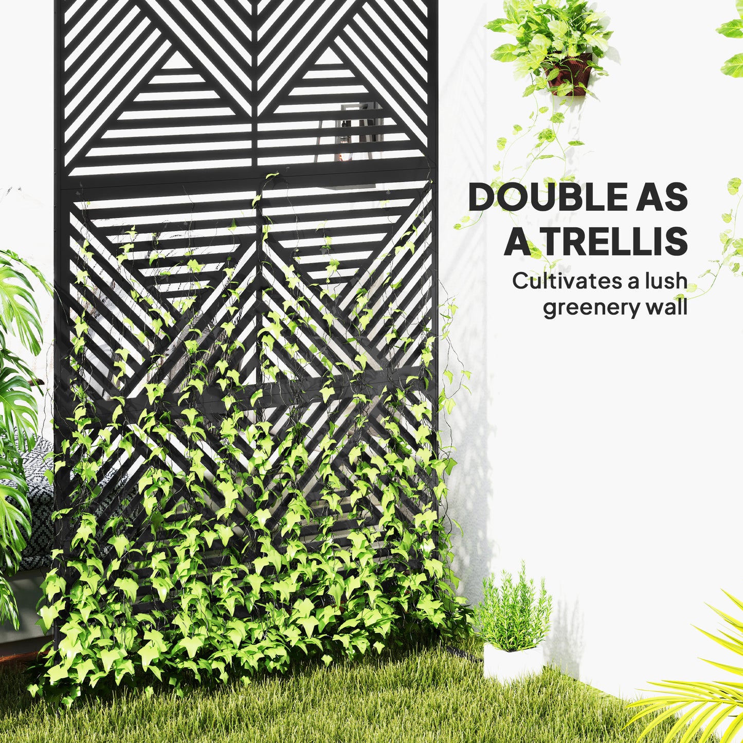 Outdoor Privacy Screen Metal Trellis with Stand - Black Rhombus