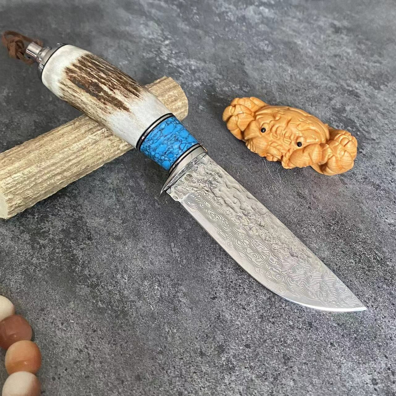 Turquoise Antler Handle Damascus Steel Kitchen Knife - Straight & Horse Variants