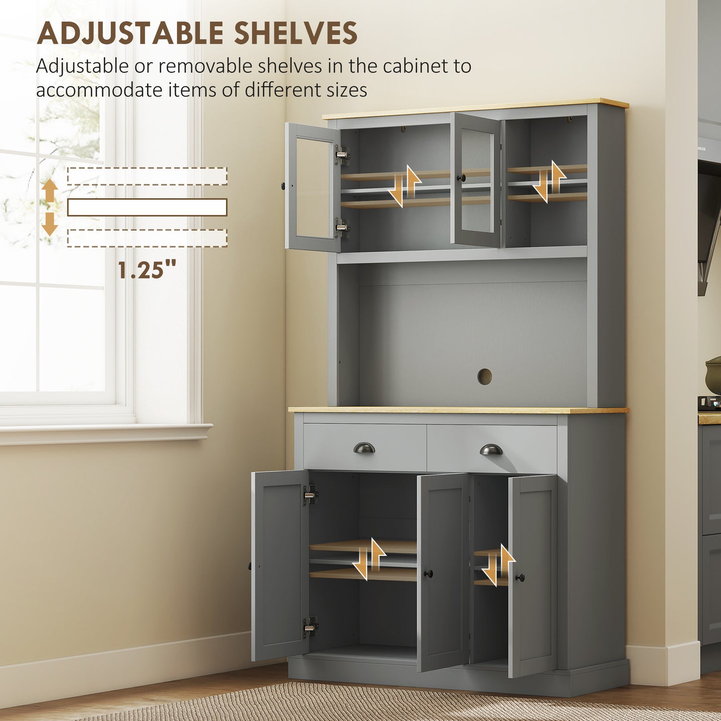 71" Tall Freestanding Kitchen Cabinet with Adjustable Shelves - Gray