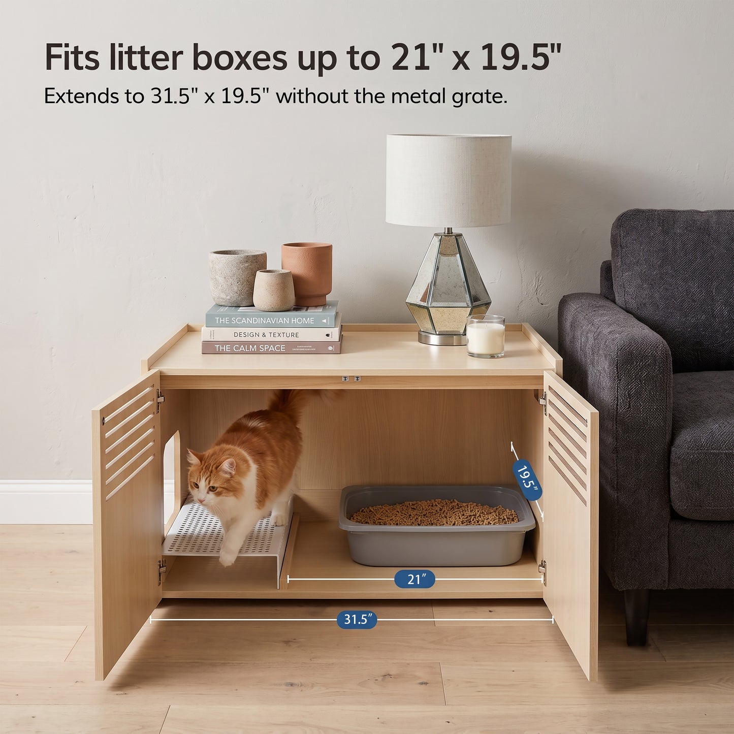 Wooden Cat House with Scratching Pad and Hidden Litter Box, Spacious Pet Furniture