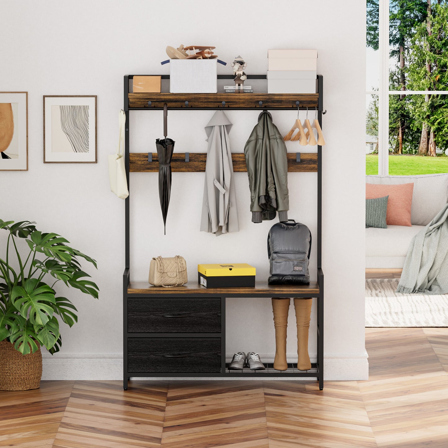33.1 Wide Hall Tree With 2 Movable Drawers, Shoe Storage, Shelves And