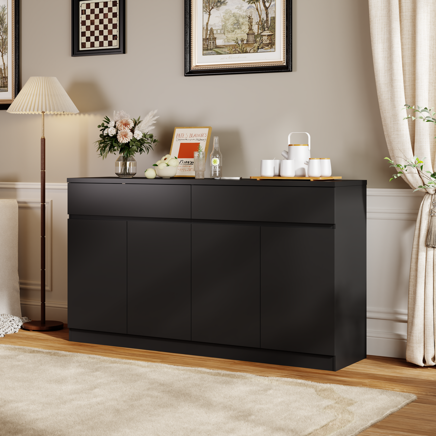 Large Black Sideboard Buffet Cabinet with Storage & 2 Drawers
