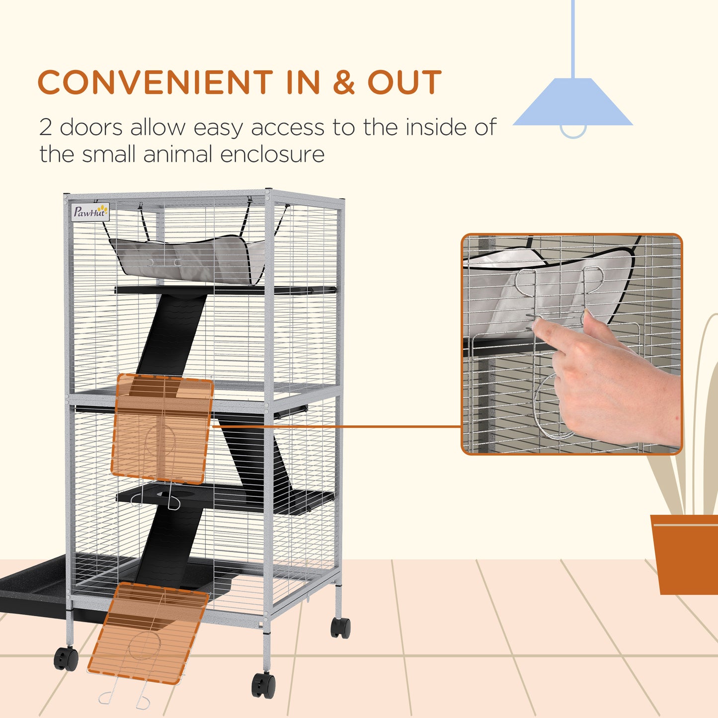 45-Inch Rolling Small Animal Cage with Hammock, Removable Tray, for Ferrets & Chinchillas - White