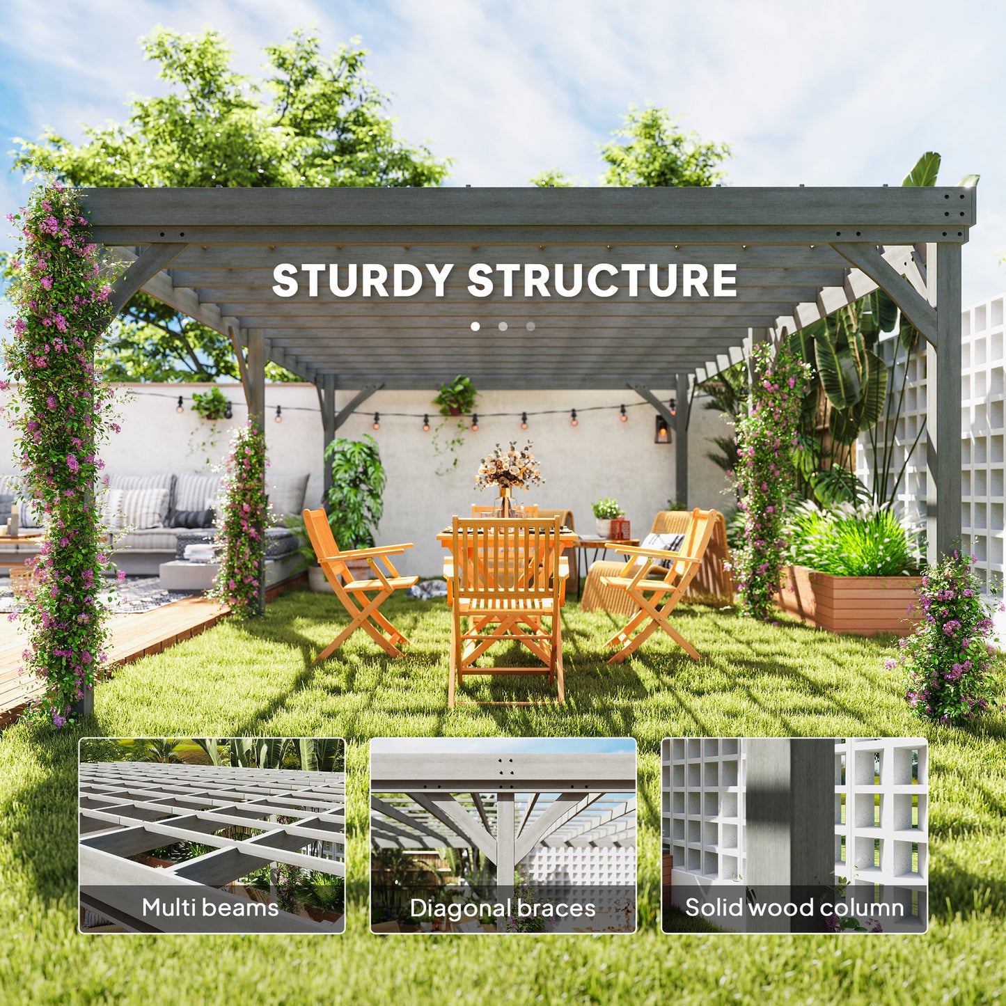 Outdoor Wooden Pergola - 12x20 ft Gray Garden Gazebo
