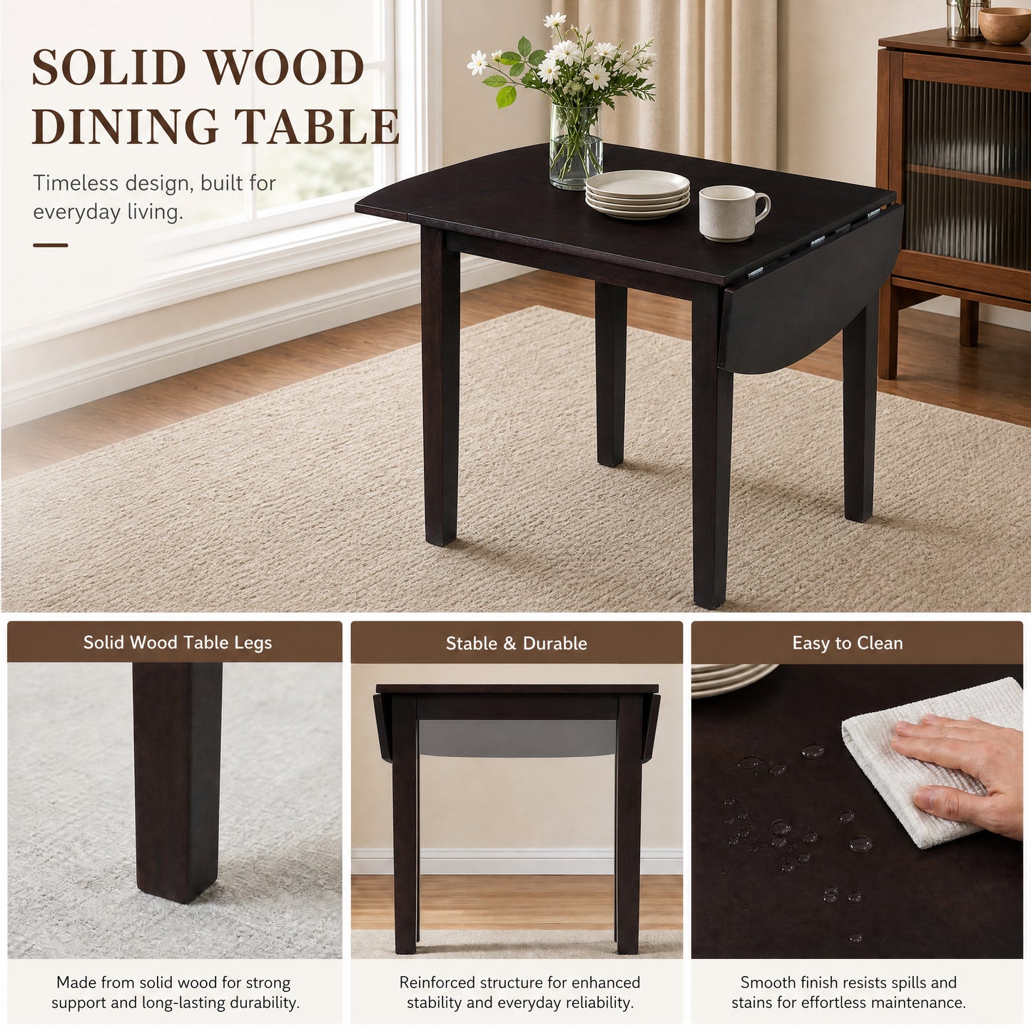 Drop Leaf Dining Table Set with 2 Upholstered Chairs - Dark Brown