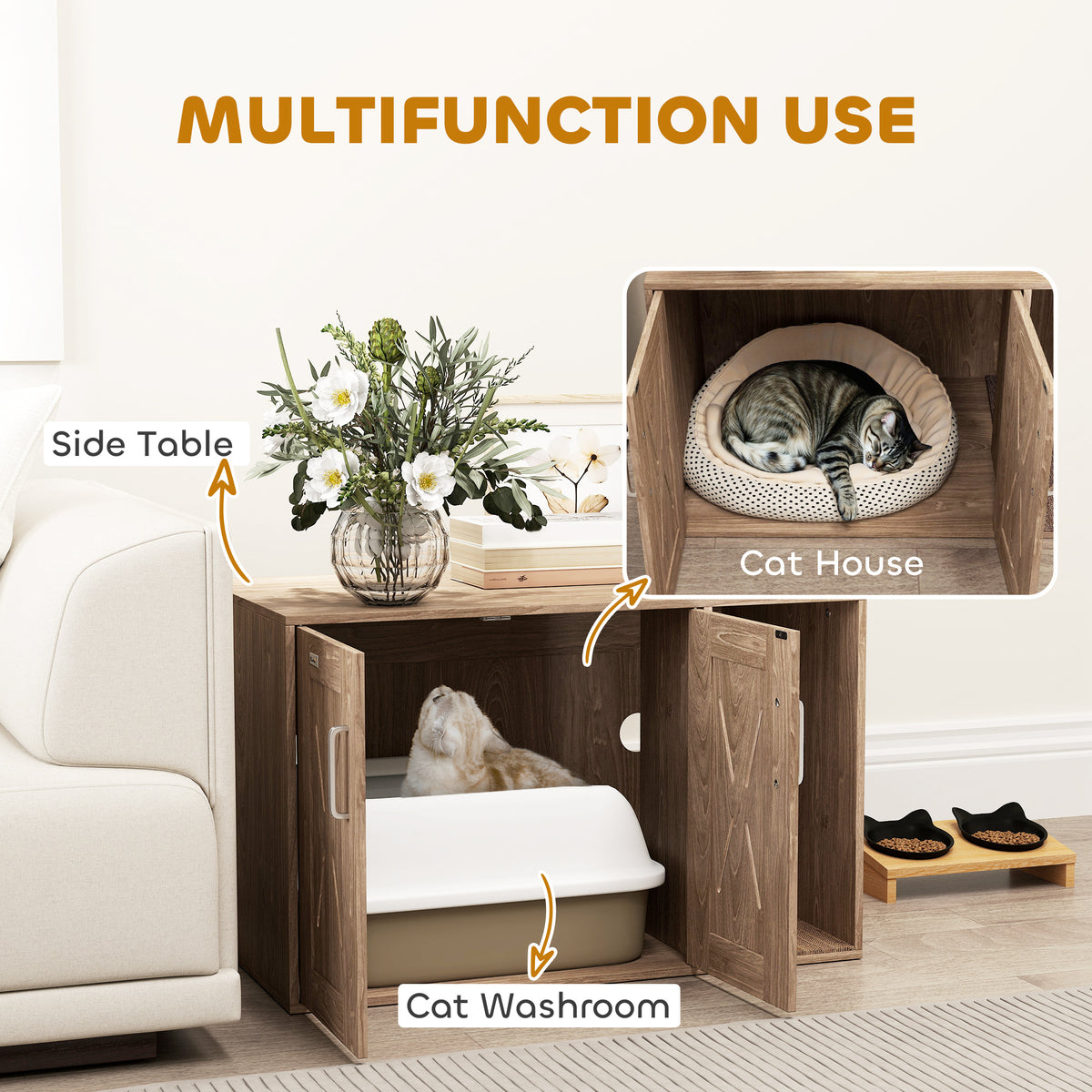 Multifunctional Cat Litter Box Enclosure and Side Table in Walnut Brown