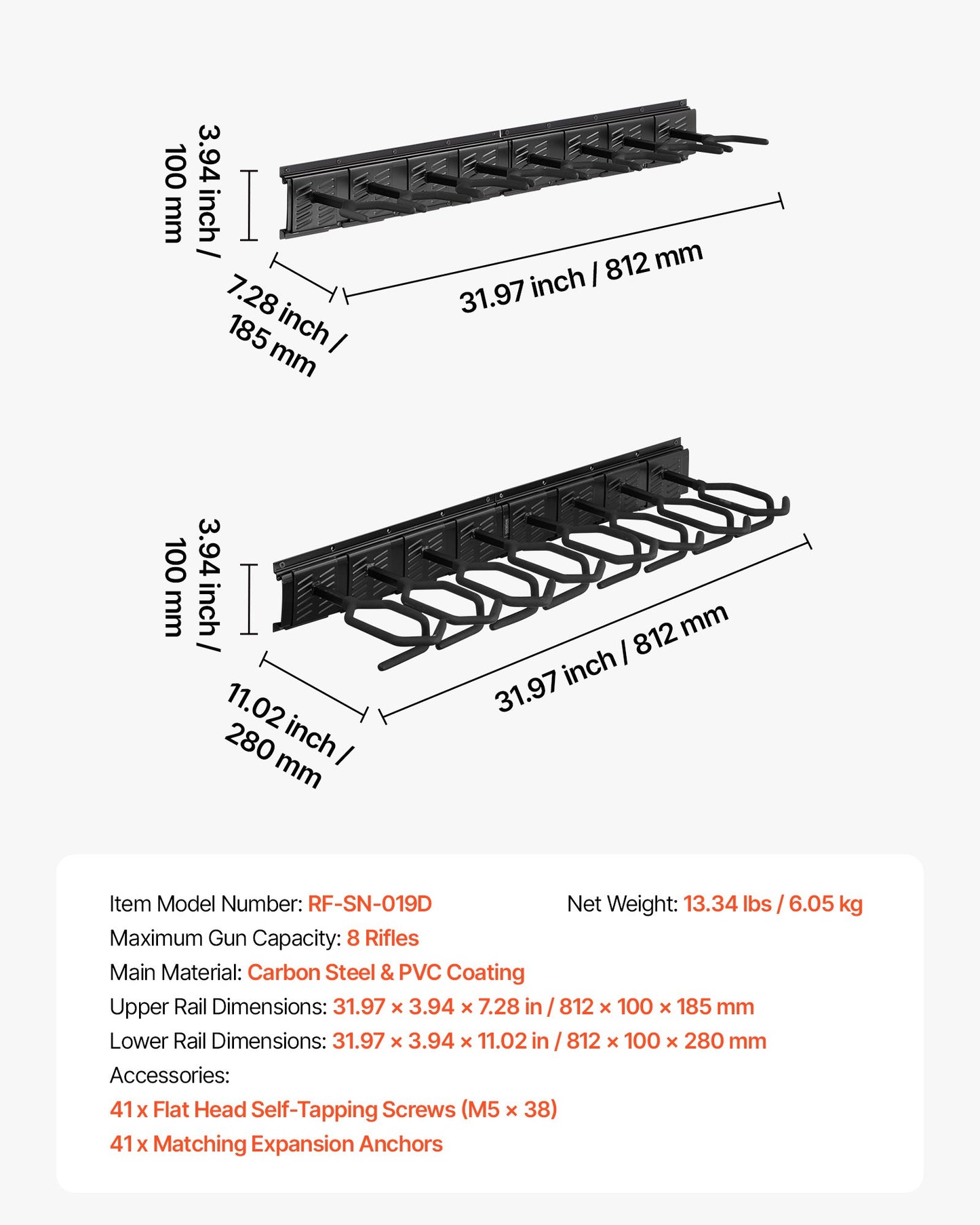 Heavy Duty Steel Wall Mount Gun Rack - Holds 8 Long Guns, Black