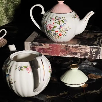Retro Floral Bone China Teapot - 800ml Pink Overglaze Sparrow Design