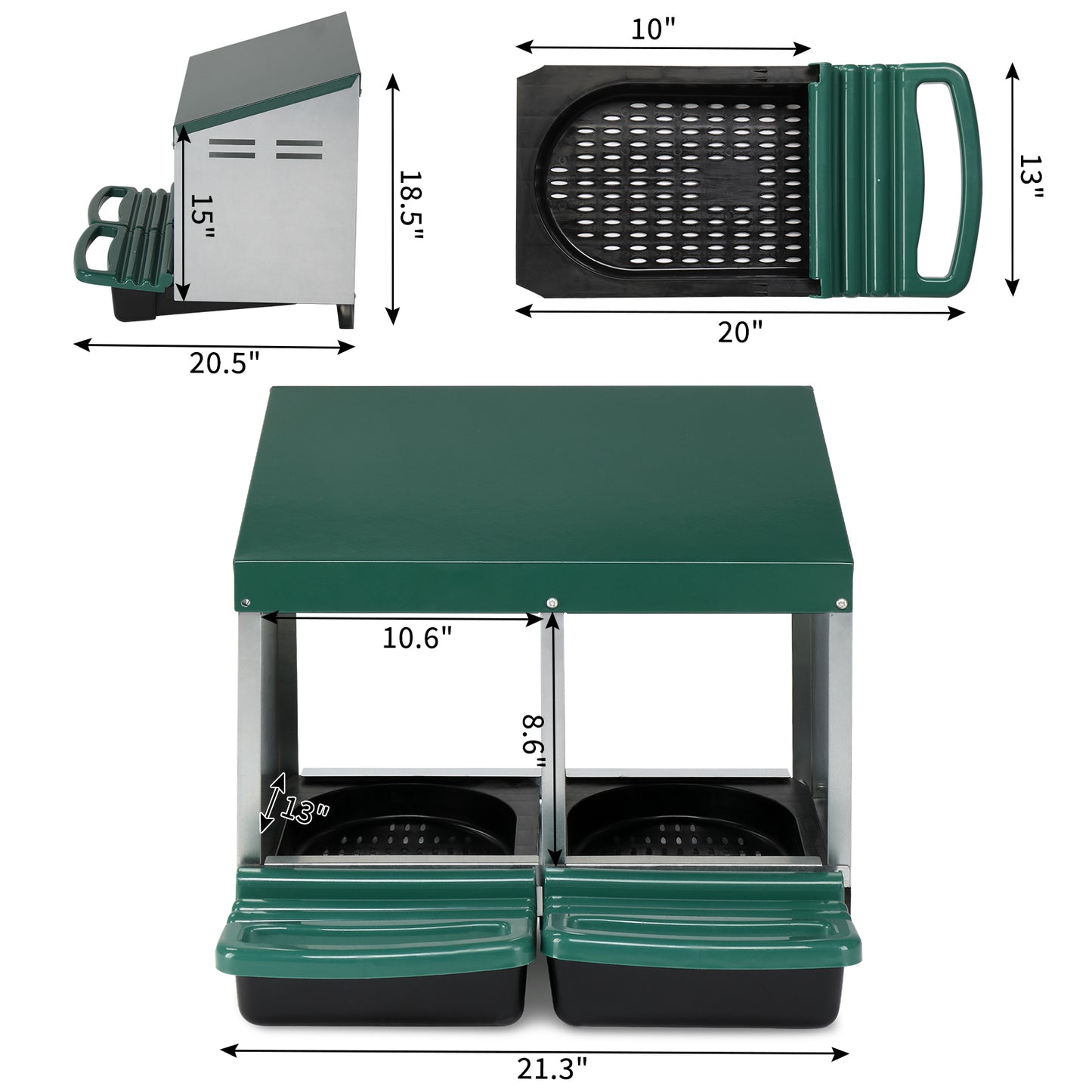 Green Chicken Nesting Box with 2 Compartments 54x52x47cm Poultry Coop Feeder