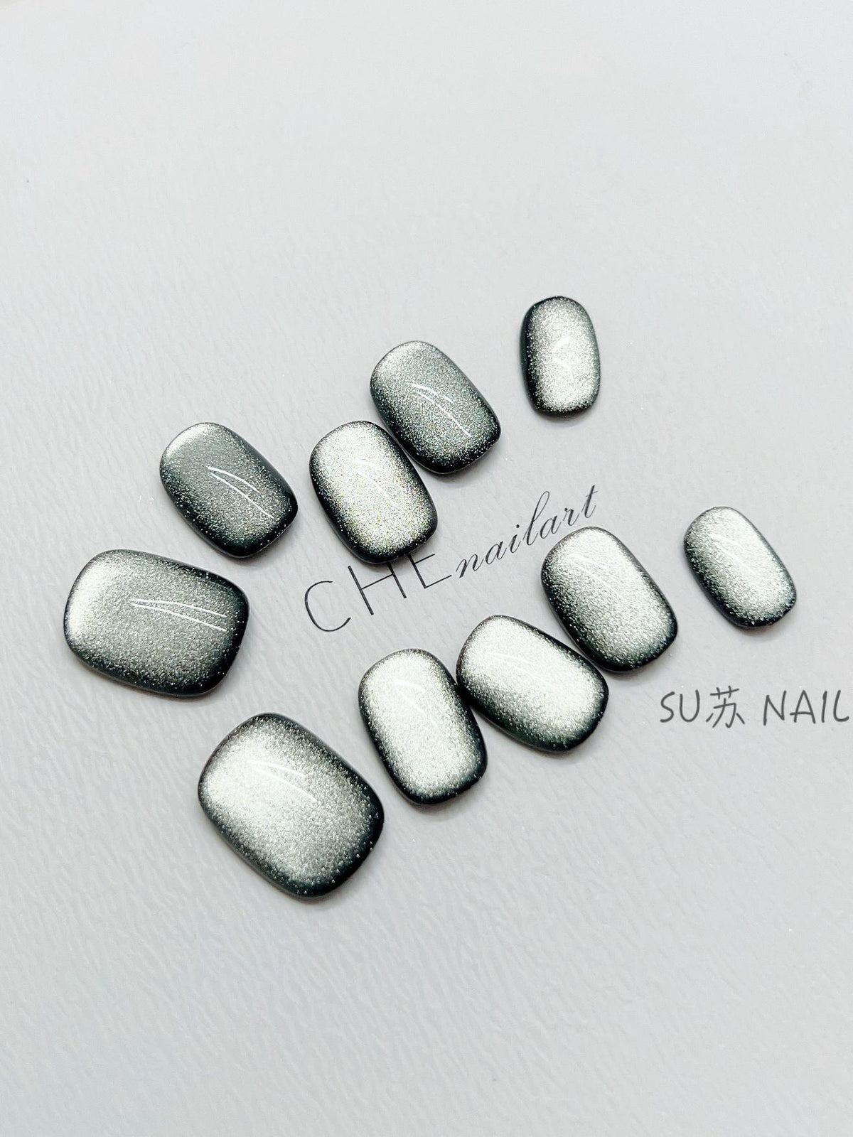 Dark Green Cat's Eye Nail Art Film Set - Short Square & Circle Shapes