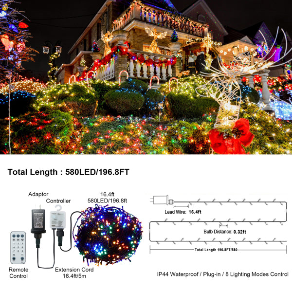 60m LED Christmas Light String with 8 Twinkle Modes
