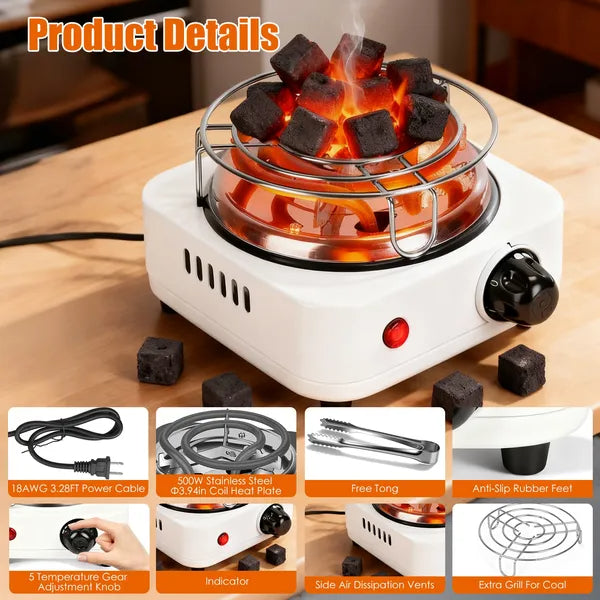 500W Charcoal Burner with Thermostat Control & Tongs - Black