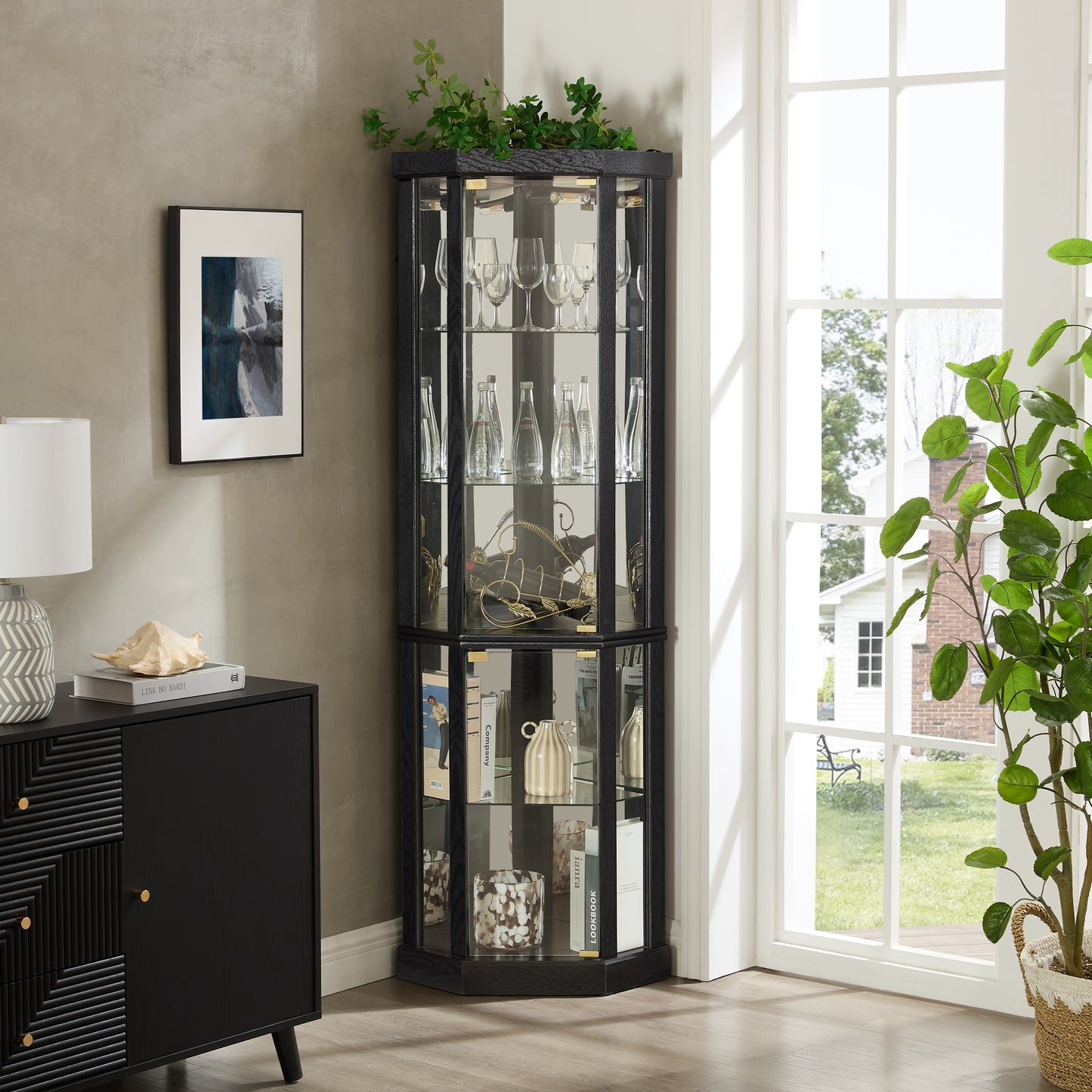 Lighted Corner Curio Cabinet - Elegant Glass Display Case For Living