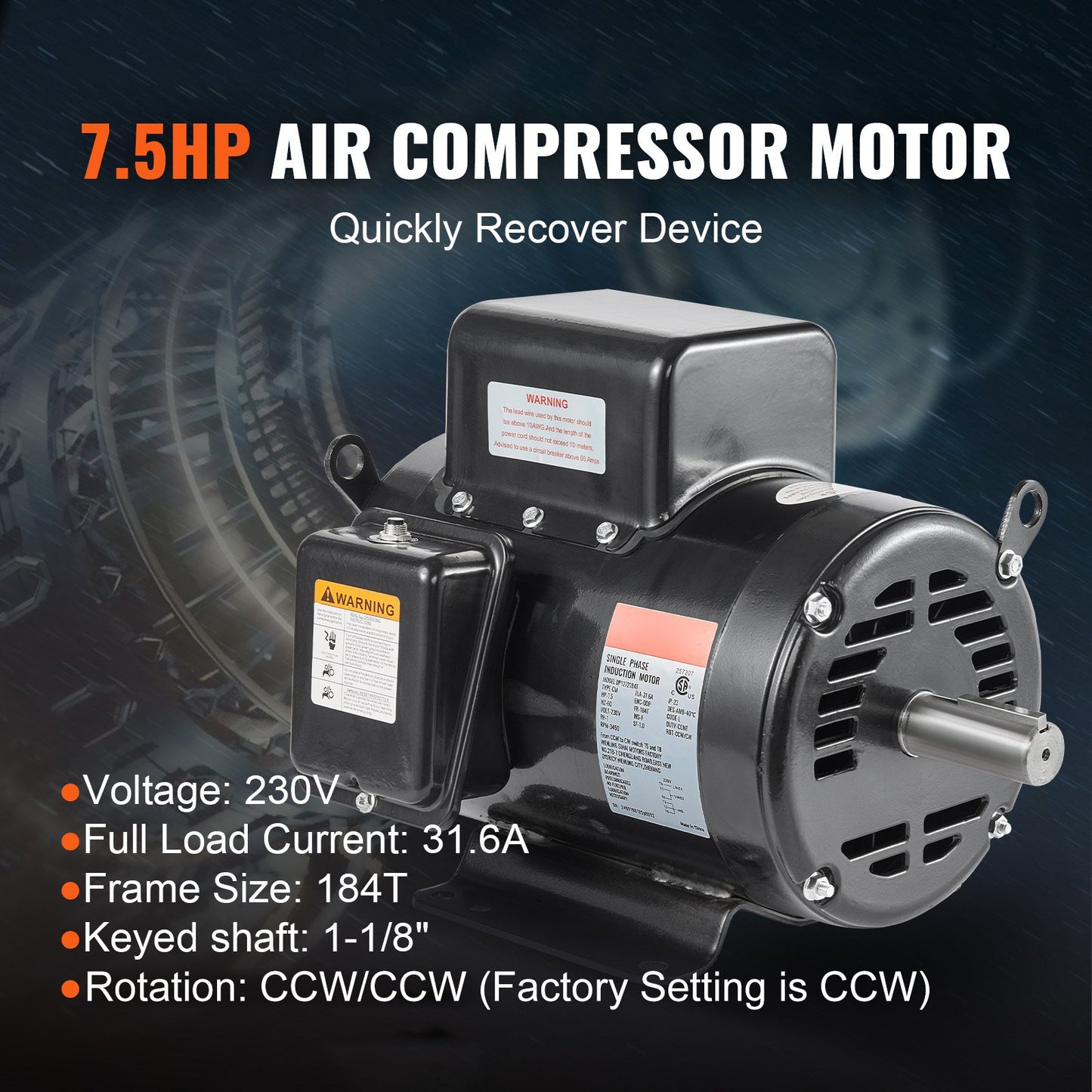 7.5HP Electric Air Compressor Motor 230V CW/CCW Rotation 184T Frame