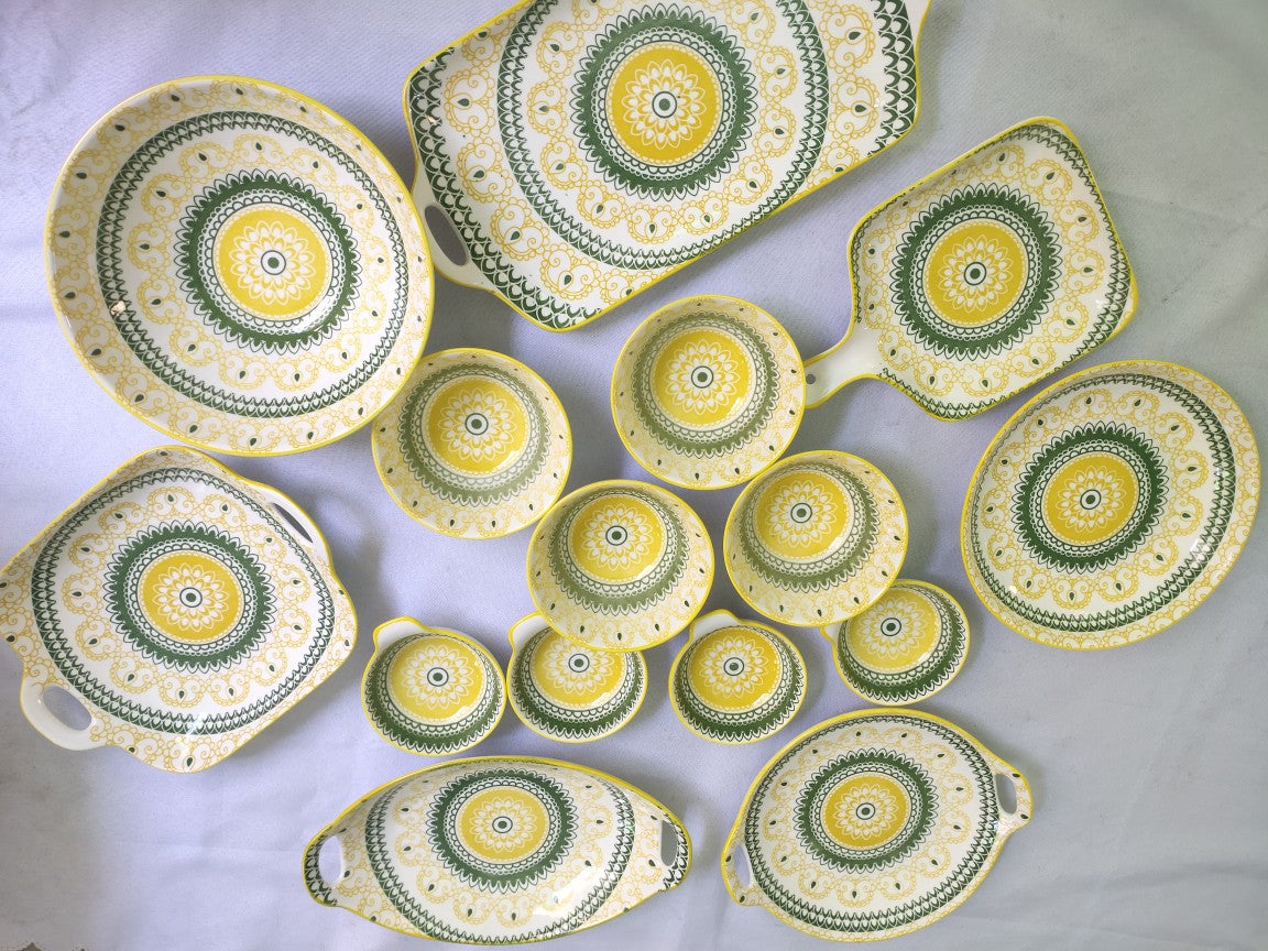 Bohemian Ceramic Dinnerware Set - 13 or 15 Piece Kitchen Plate & Cutlery Collection