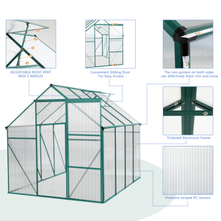 6x8 ft Outdoor Greenhouse with Aluminum Frame & Sliding Door