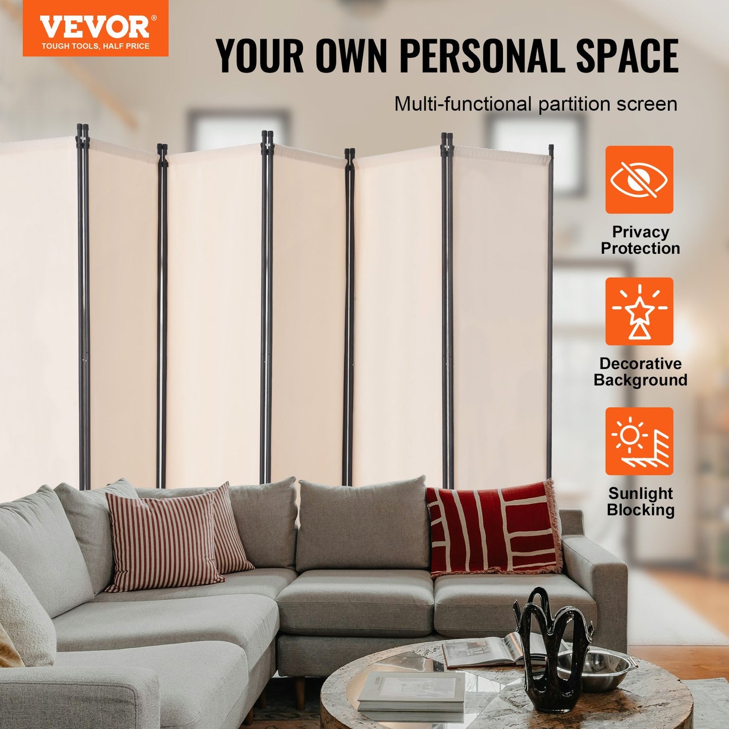 6 Panel Folding Room Divider - Portable Privacy Screen in Beige