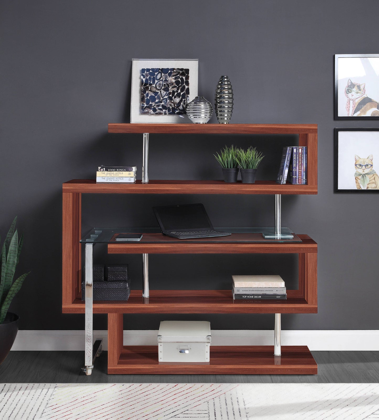 Clear Glass & Chrome Writing Desk with Shelf - Walnut Finish