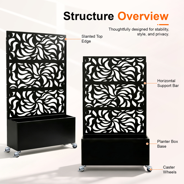 Outdoor Leaf Pattern Privacy Screen with Planter Box - Black Metal Freestanding Garden Fence