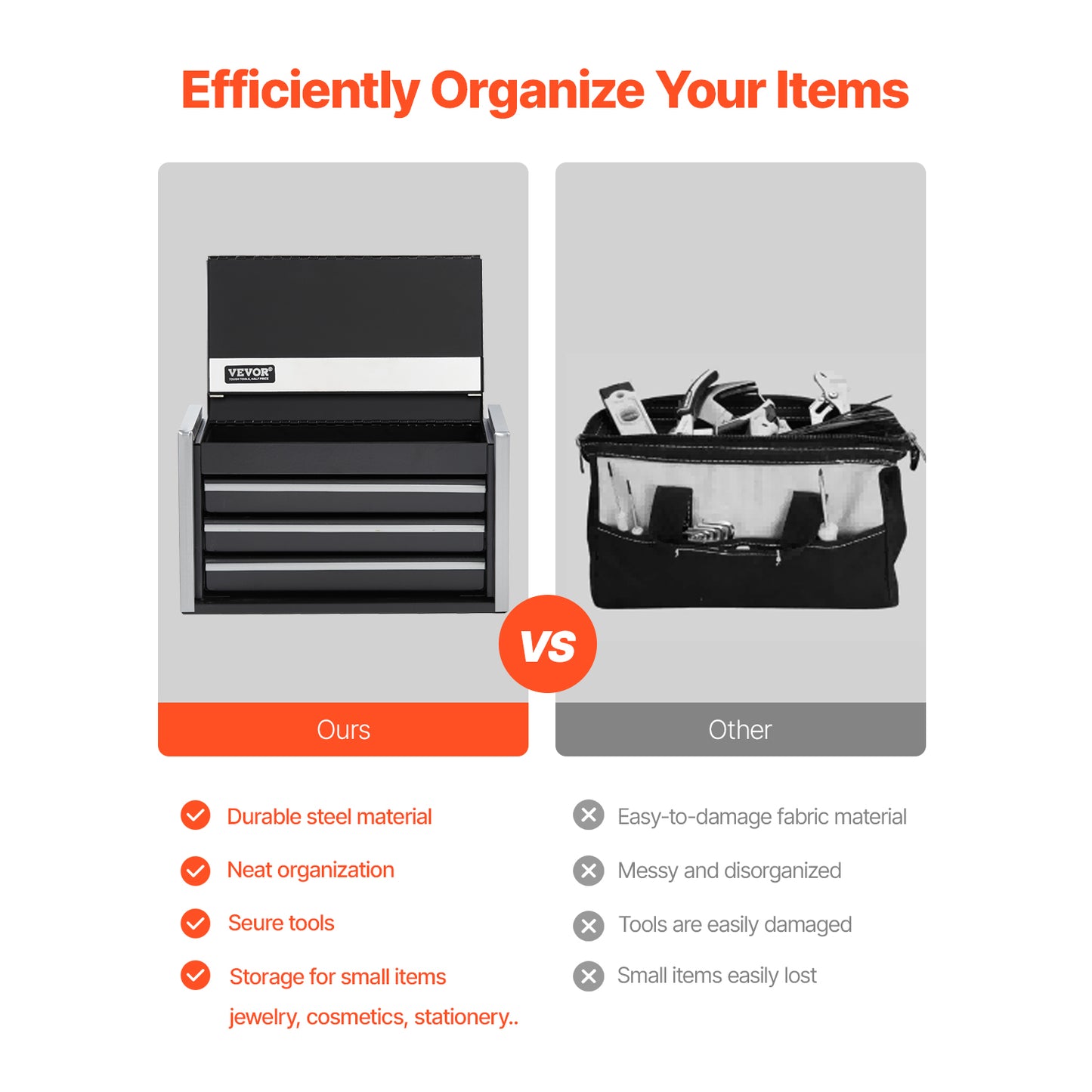 8.6-Inch Portable Metal Toolbox with 3 Drawers, Tool Organizer, Black