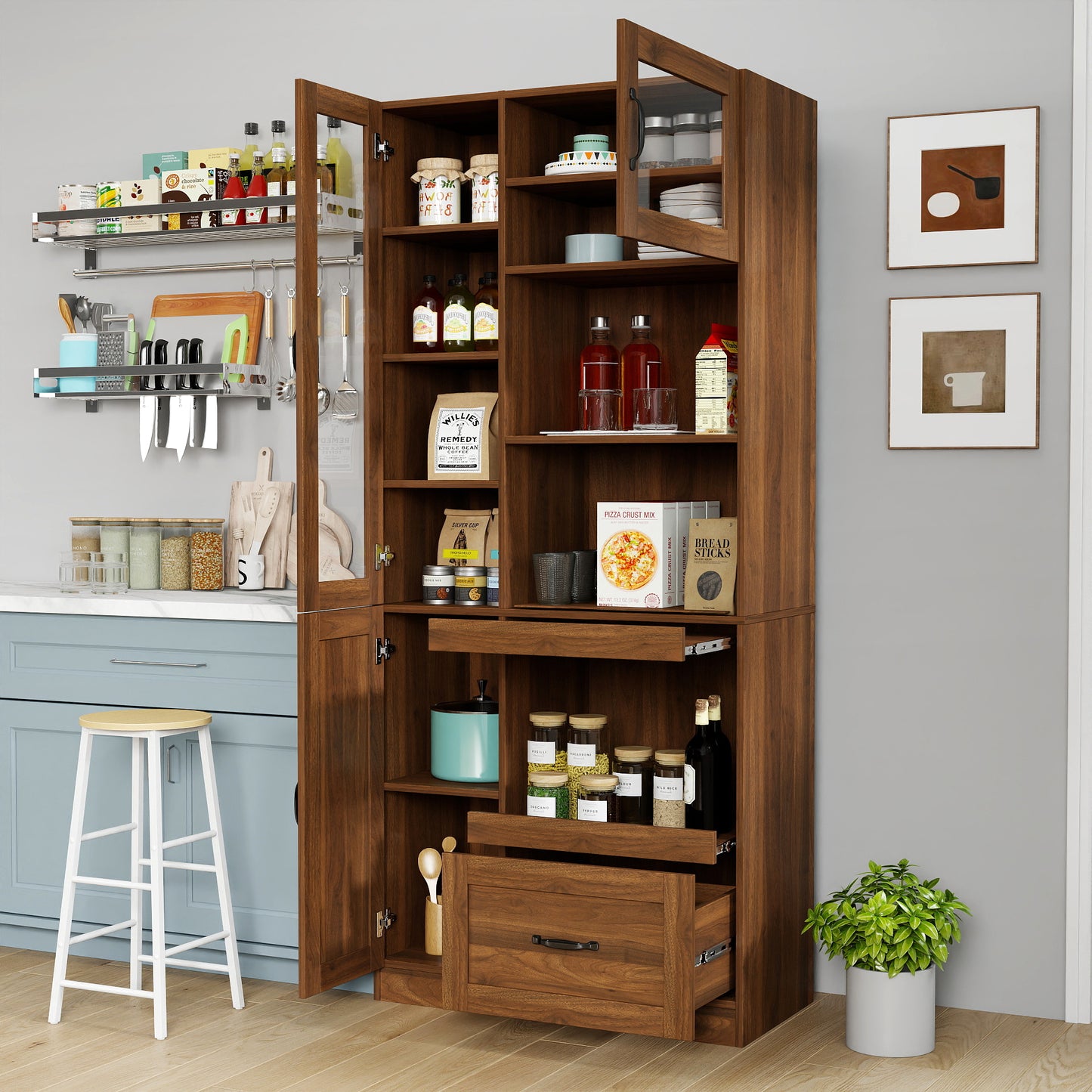Kitchen Hutch Cabinet Farmhouse Buffet With Microwave Stand,