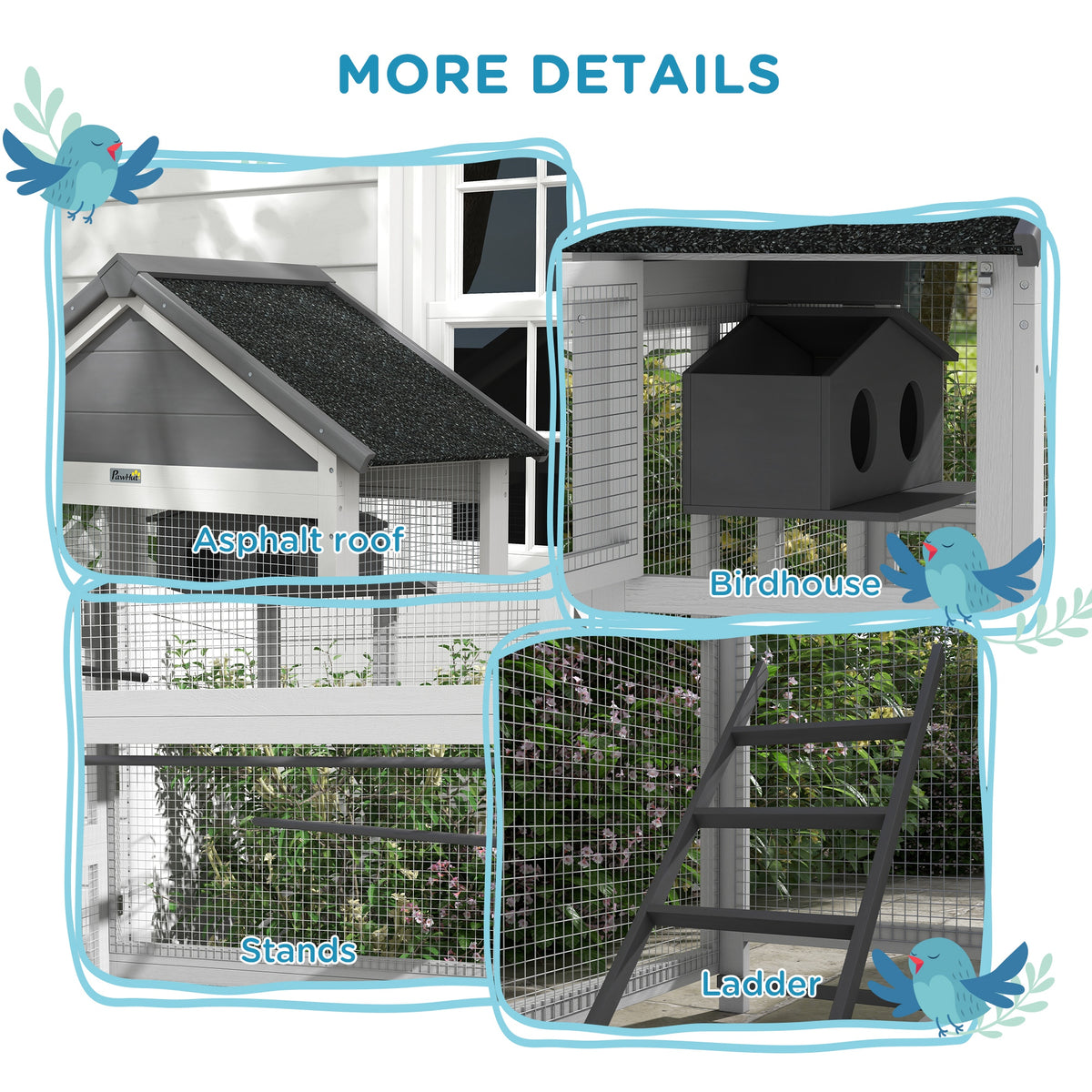Wooden Bird Cage with Slide-Out Tray for Finches and Parakeets - Gray, 865x300x540mm