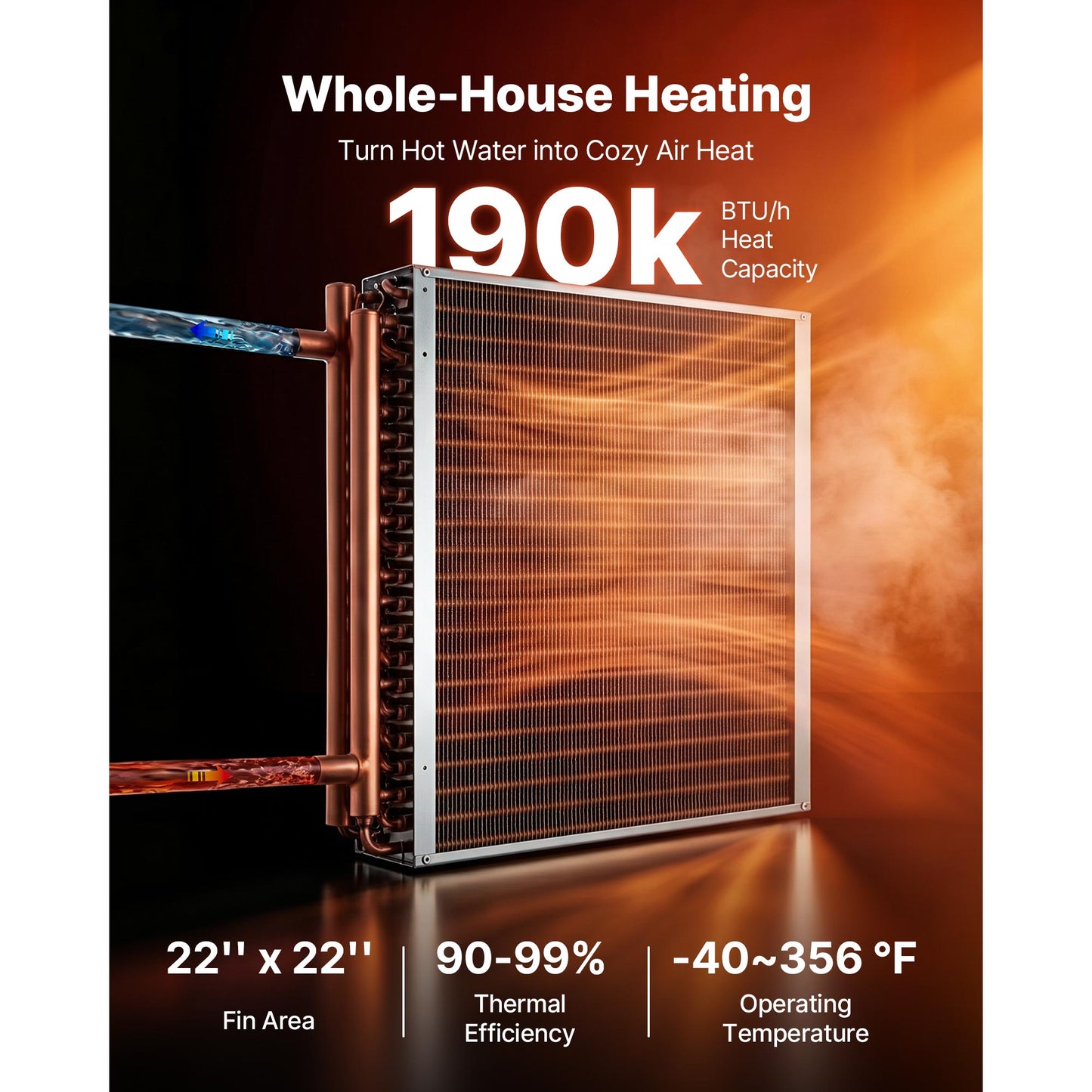 Water To Air Heat Exchanger 22x22 In Finned Tube HVAC Copper & Aluminum Coil 190K BTU