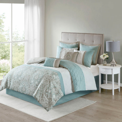Queen 8 Piece Seafoam Comforter Set - Quilted & Damask Design