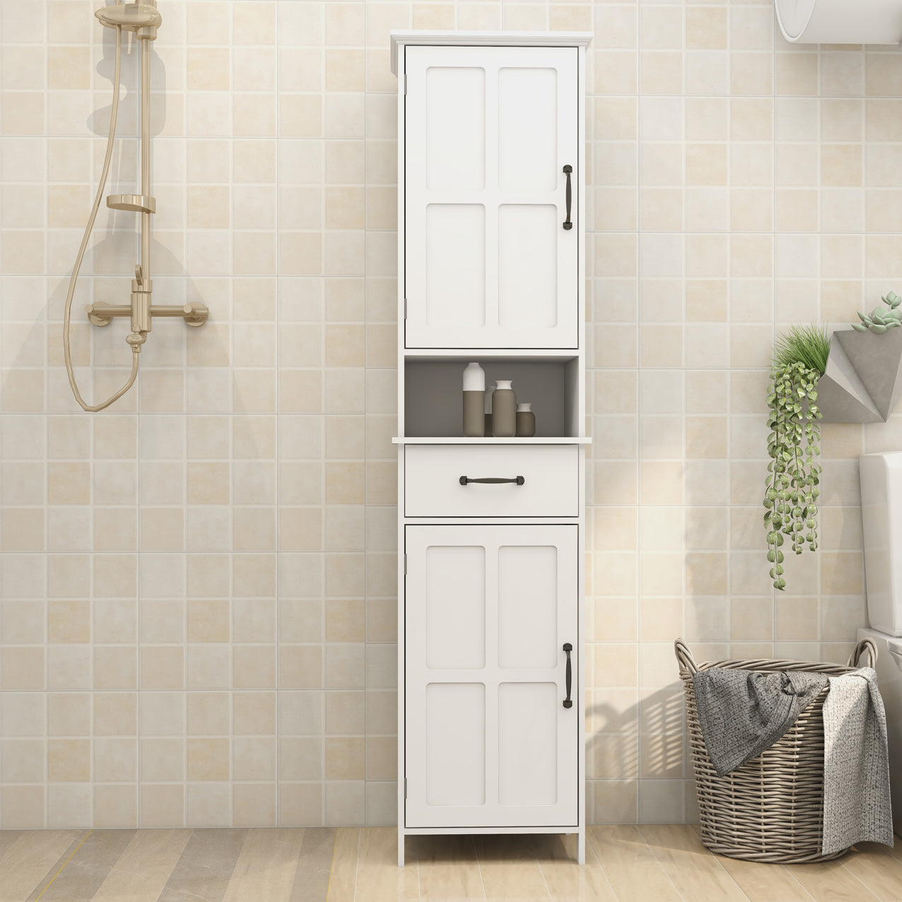 Narrow Slim Floor Standing Cabinet - 65'' Height, White