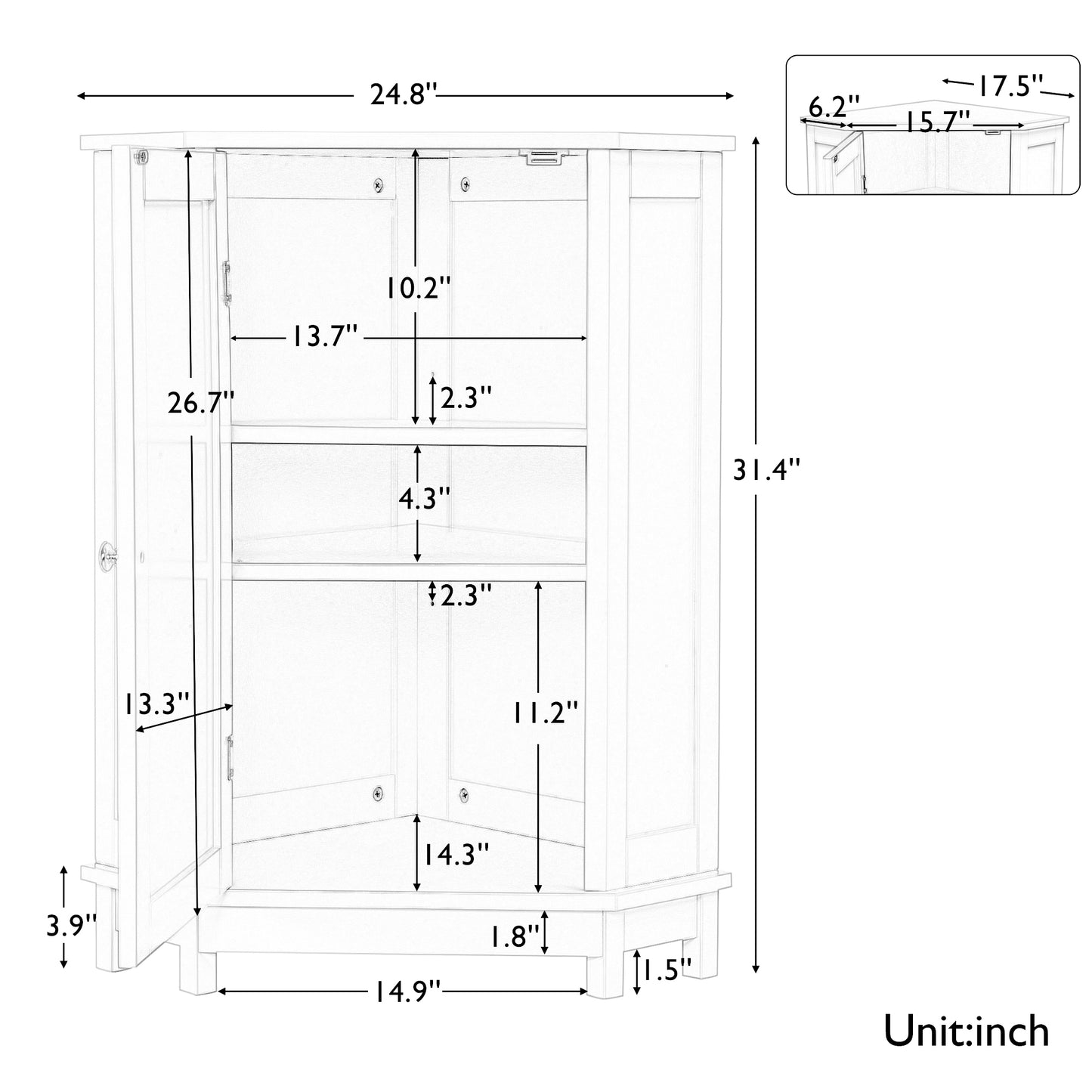 Gray Triangle Corner Bathroom Cabinet with Adjustable Shelf