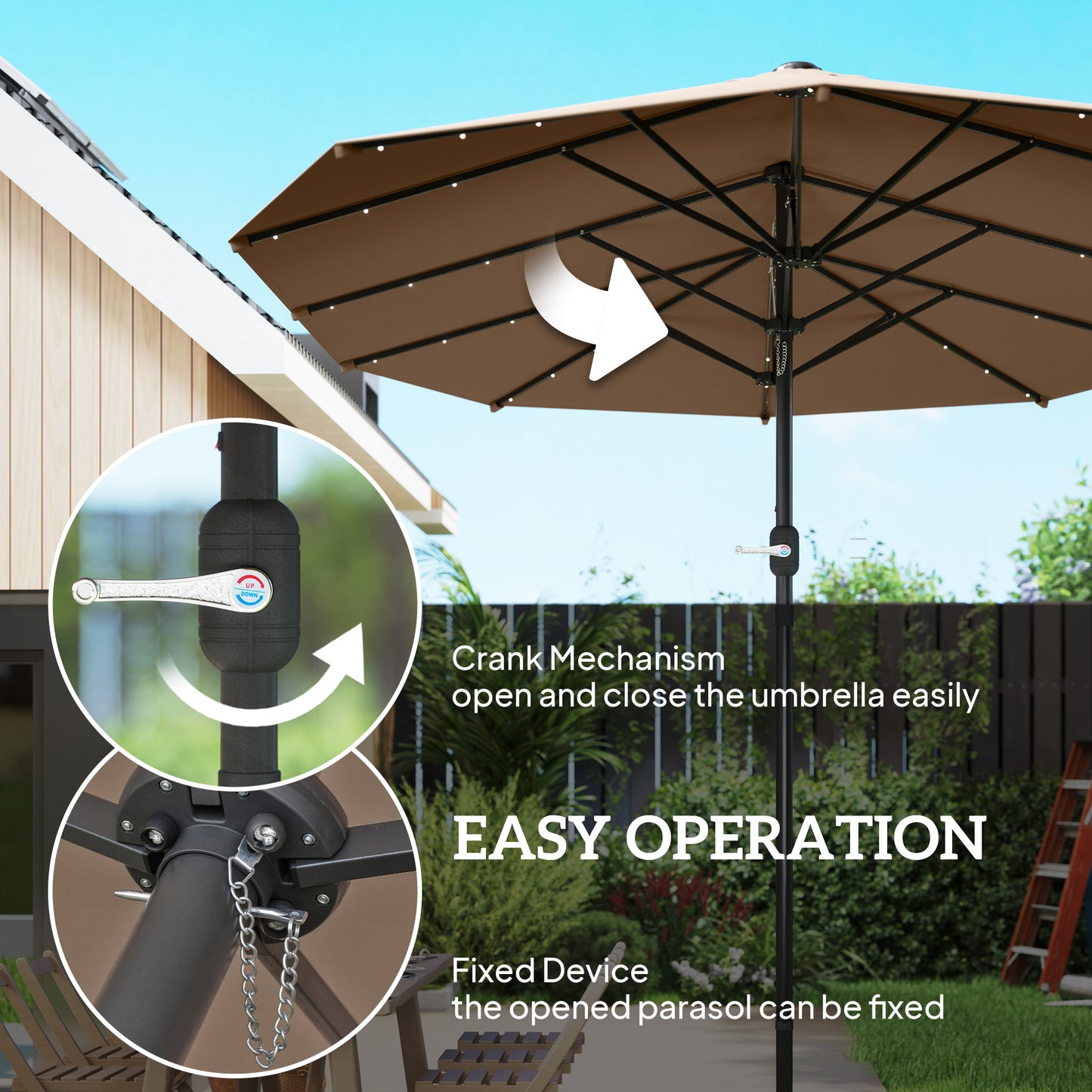 14.4 Ft Double-Sided Garden Parasol with LED Solar Lights - Khaki