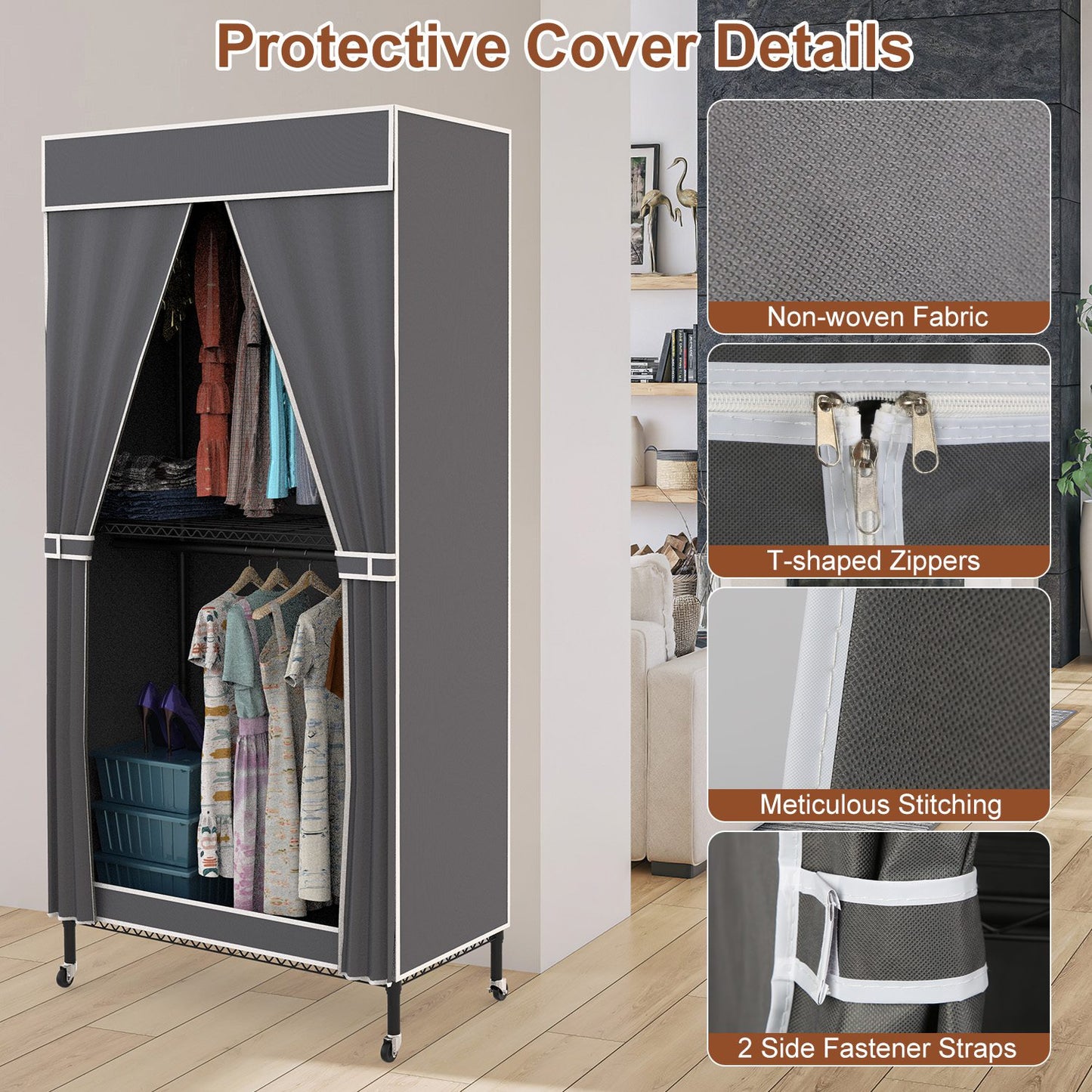 1Pc 2 Tier Foldable Clothing Rack With Cover Portable Wardrobe Closet