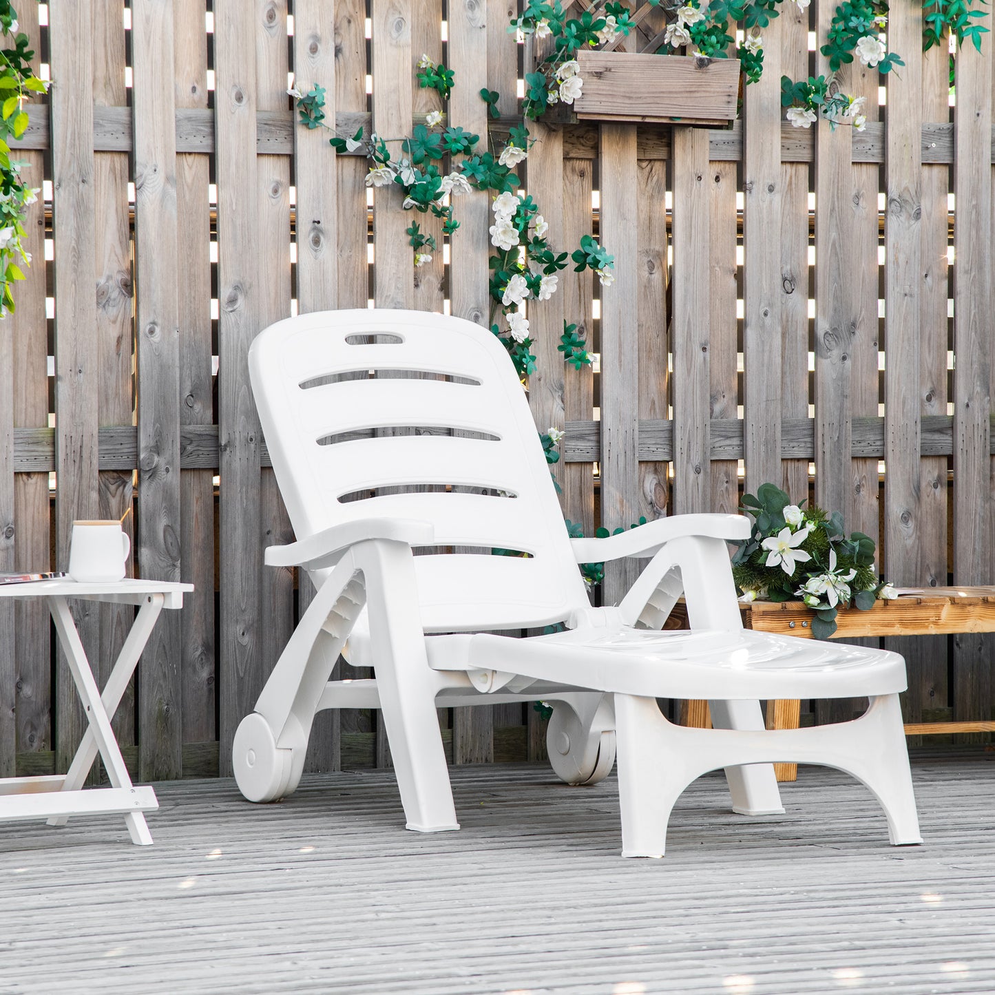 Adjustable Outdoor Chaise Lounge Chair with Wheels - White